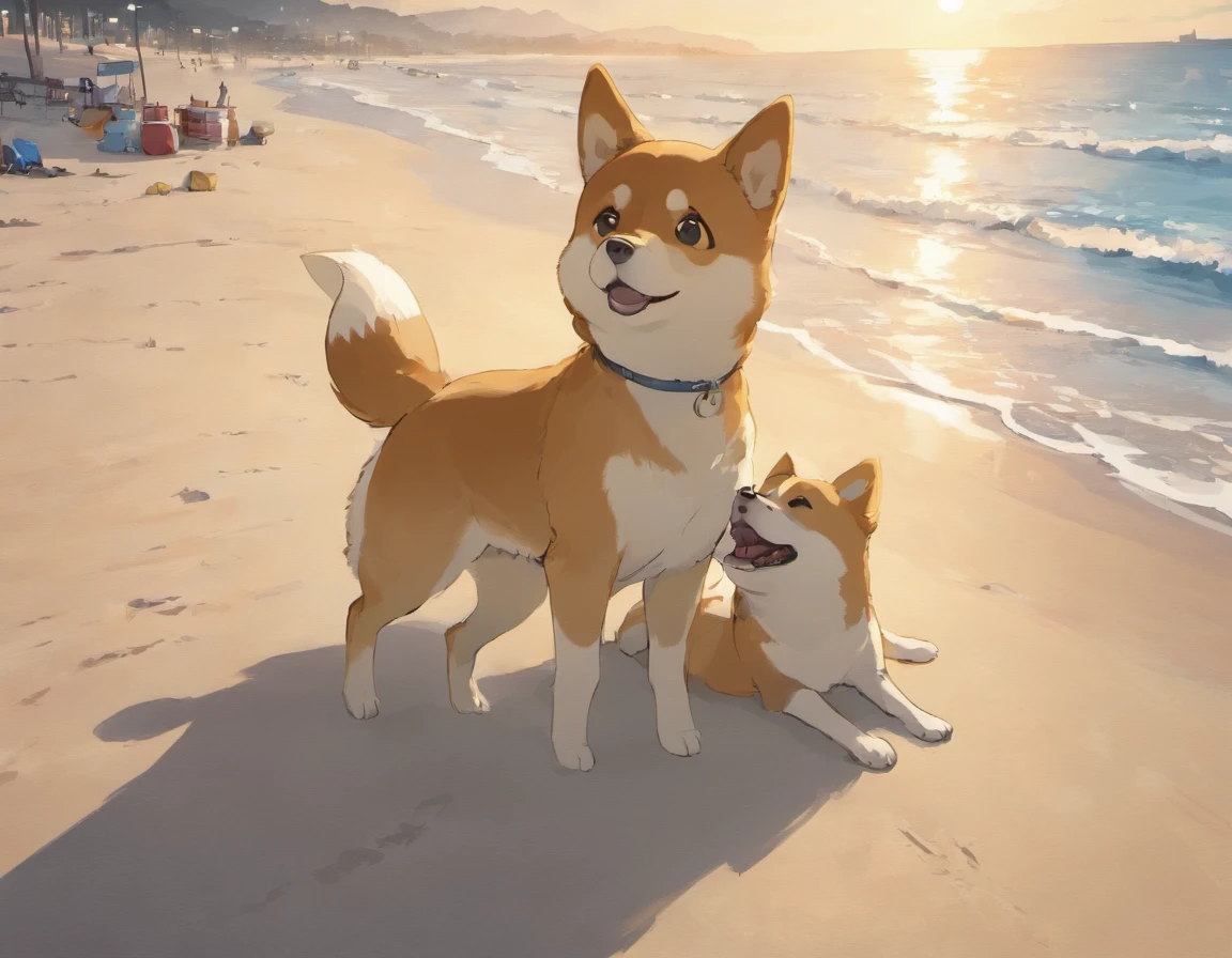 Shiba dog、pup、Playing on the beach