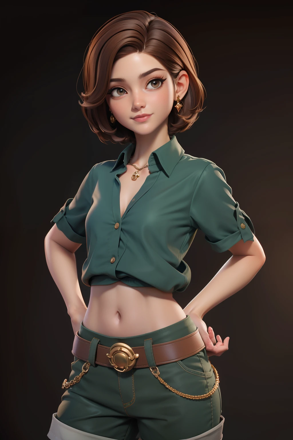 master part, best quality, 1st grade, olhos verdes, pele escura, brown hair, cabelos ondulados, short hair, Brincos, jewelries, pirata, Camisa comprida, fundo simples, sozinho, parte superior do corpo