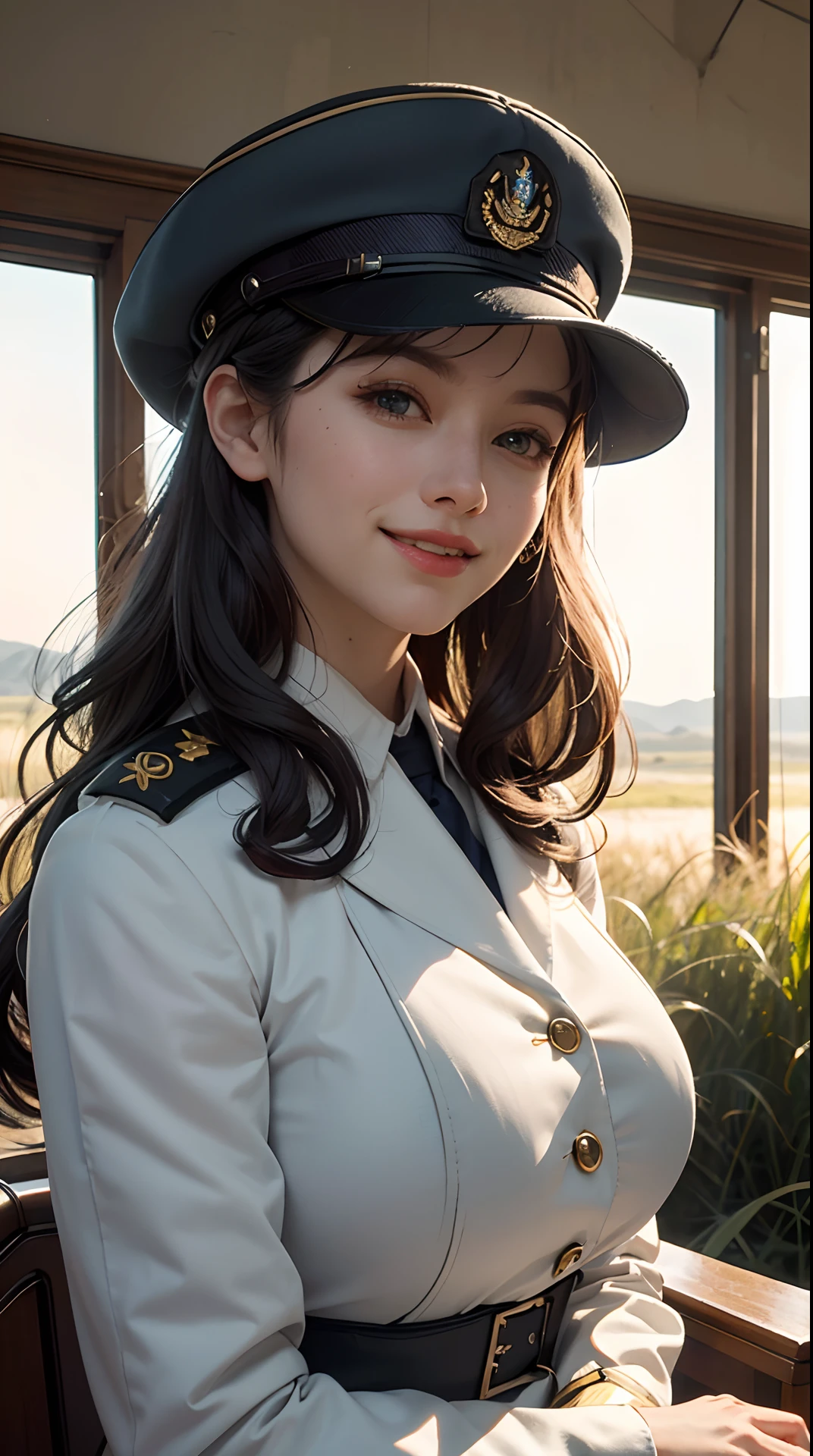 (best quality, 4k, 8k, high-res, masterpiece:1.2), ultra-detailed, (realistic, photorealistic, photo-realistic:1.37), (beautiful detailed eyes, beautiful detailed lips, extremely detailed eyes and face), studio lighting, physically-based rendering, vivid colors, (big tits, super big tits, super extra big tits), ((waist)), (military or naval uniform, hat:1.5), (two-tone color, gold & black), (soft lighting, lowlight lighting), (portrait, smile and laugh), (grasslands:1.5),
