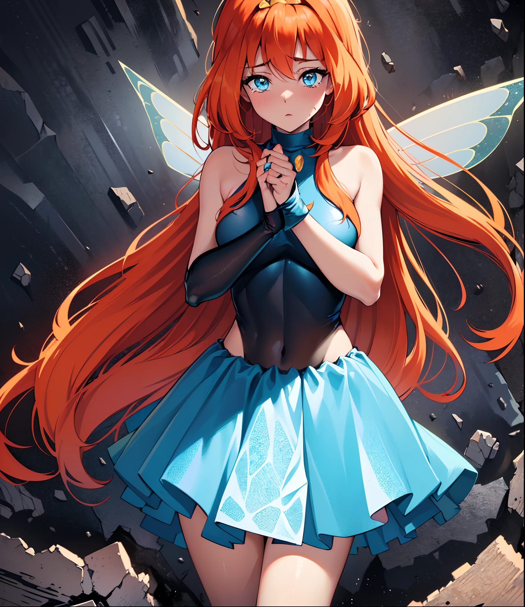 Bloom has passed out from a severe beating by a large troll monster, collapsing into a heap on the dark and jagged cave ground. The monster has caused large scratches on her body and tears in her clothes; Bloom lies helplessly torpid and inert unable to defend herself from the future assault. (Bloom) (orange hair, cyan blue eyes, bangs, long sliced hair, frail weak body, dainty arms, slender legs, beaten and thrashed, skin cut up, visible wounds) (Fairy Outfit) (ripped blue croptop, well-endowed chest, sleeveless, mini blue skirt with tears, exposed midriff, sparkling clothing, wings, tiara), good hands, perfect hands:1, (Bloom torpid and defeated in a large crack:1.3), (ripped off and messy long orange hair and bangs:1.2), (detailed scratched face and skin:1.1), (small scratches all over Bloom's skin:1.1), (dark monochrome lightning, brown & gray cave floor, red stains, spikes everywhere:1.2), (Bloom is lieing on her back, crumpled and torpid in large crack in cave floor:1.5), (anime style: 1.1), (full-body-shot:1), (Cowboy-shot:1.2), (Close-up on Bloom:1), (dynamic crumpled & torpid pose:1.9), (giant monster hand about to grab Bloom-1), (solo, one person, 1girl:1.5),