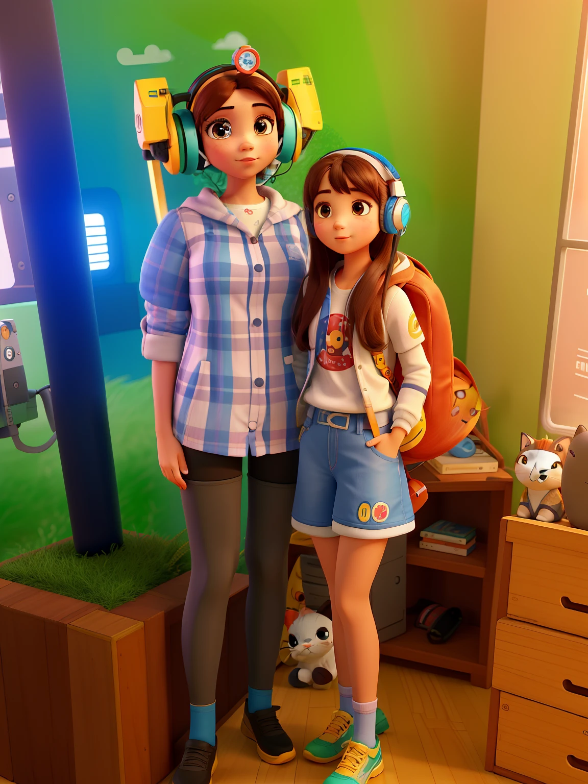 master part, best quality, high resolution, 1girl, super high resolution, sozinho, piloto de mecha, d.vaidoso, headphones on head, olhos cor-de-rosa, blue tights, brown hair, luvas brancas, Gato faz Adornament,