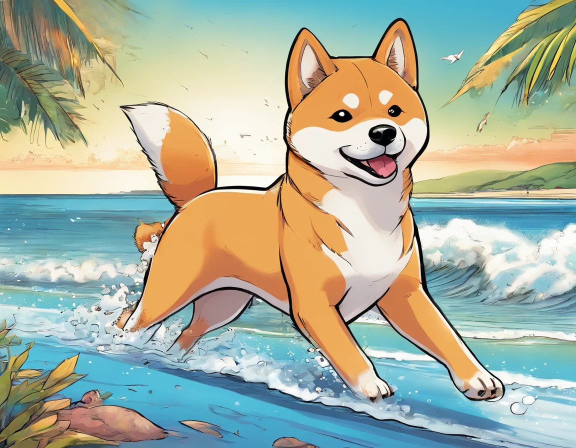 Shiba dog、pup、Playing on the beach