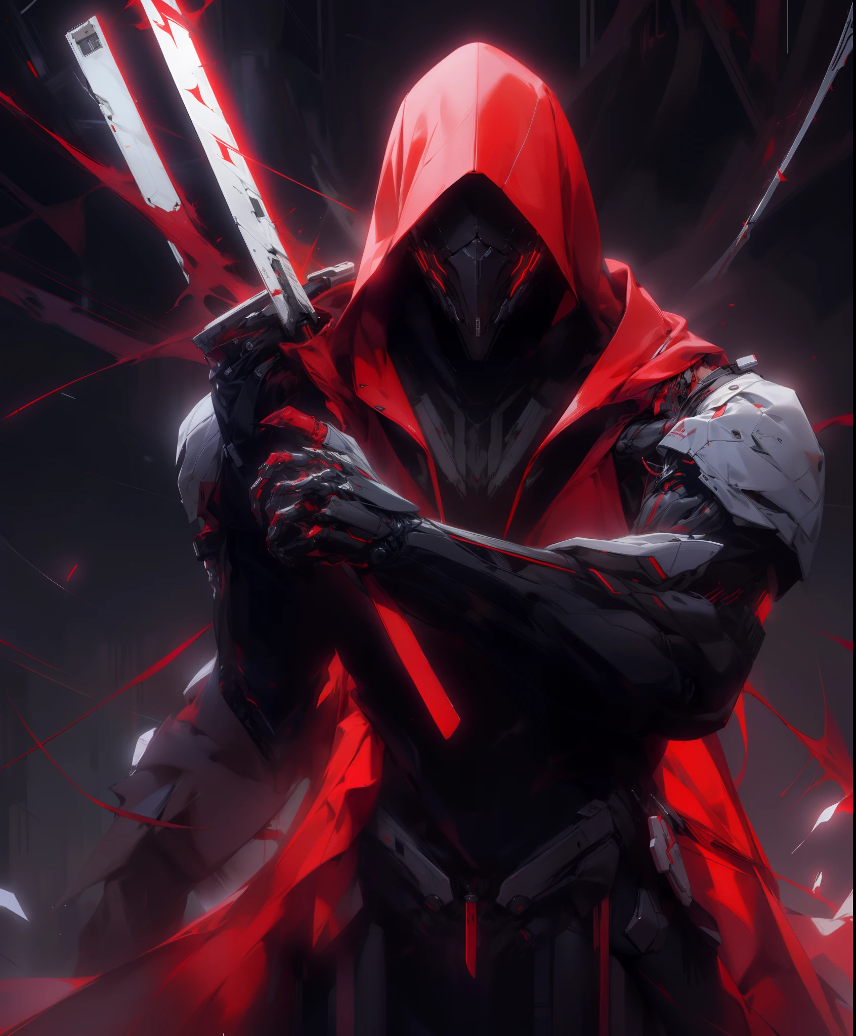 a man in a white-red jacket and black pants standing in a dark room, wearing cultist white robe with red accents, white attire, character from mortal kombat, as a character in tekken, fighting game character, cyberpunk assassin, red hooded mage, cyberpunk outfits, red clothes, the red ninja, wearing leather assassin armor, an edgy assassin, cool white and red jacket, cyberpunk street goon, (sword in his back)