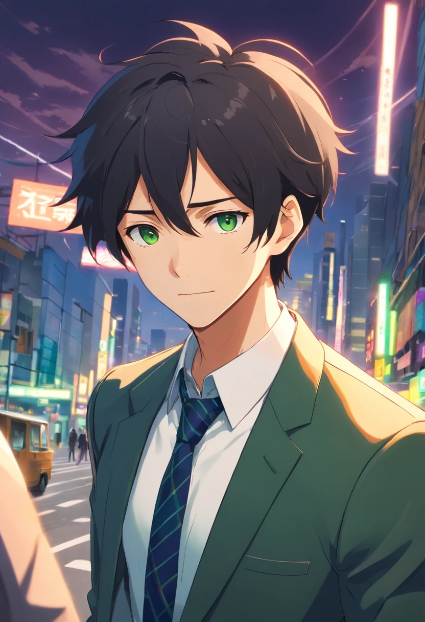 Homem estoico de 25 anos com cabelo preto curto, olhos verdes e barba curta, Dreesed as a businessman of the time, Seeking Life's Purpose