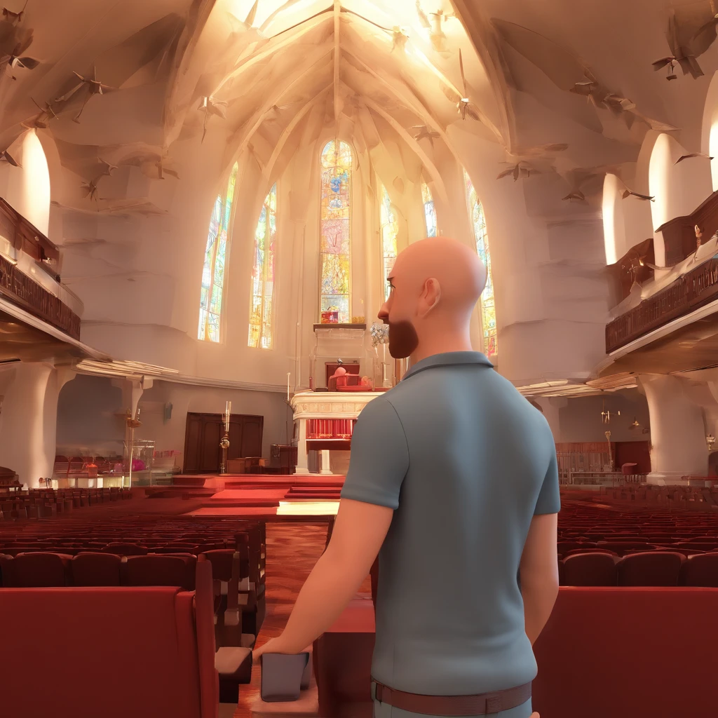 Create a 3D character in Disney Pixar style, he is a man, 39 years old, bald, has hair only on the sides of his head, long and thin face, pointed chin, small mouth, fair skin, no beard, wears a red polo shirt, holds a microphone, next to a glass pulpit with a bible on top, in the background is the church audience all standing, the background blurred.