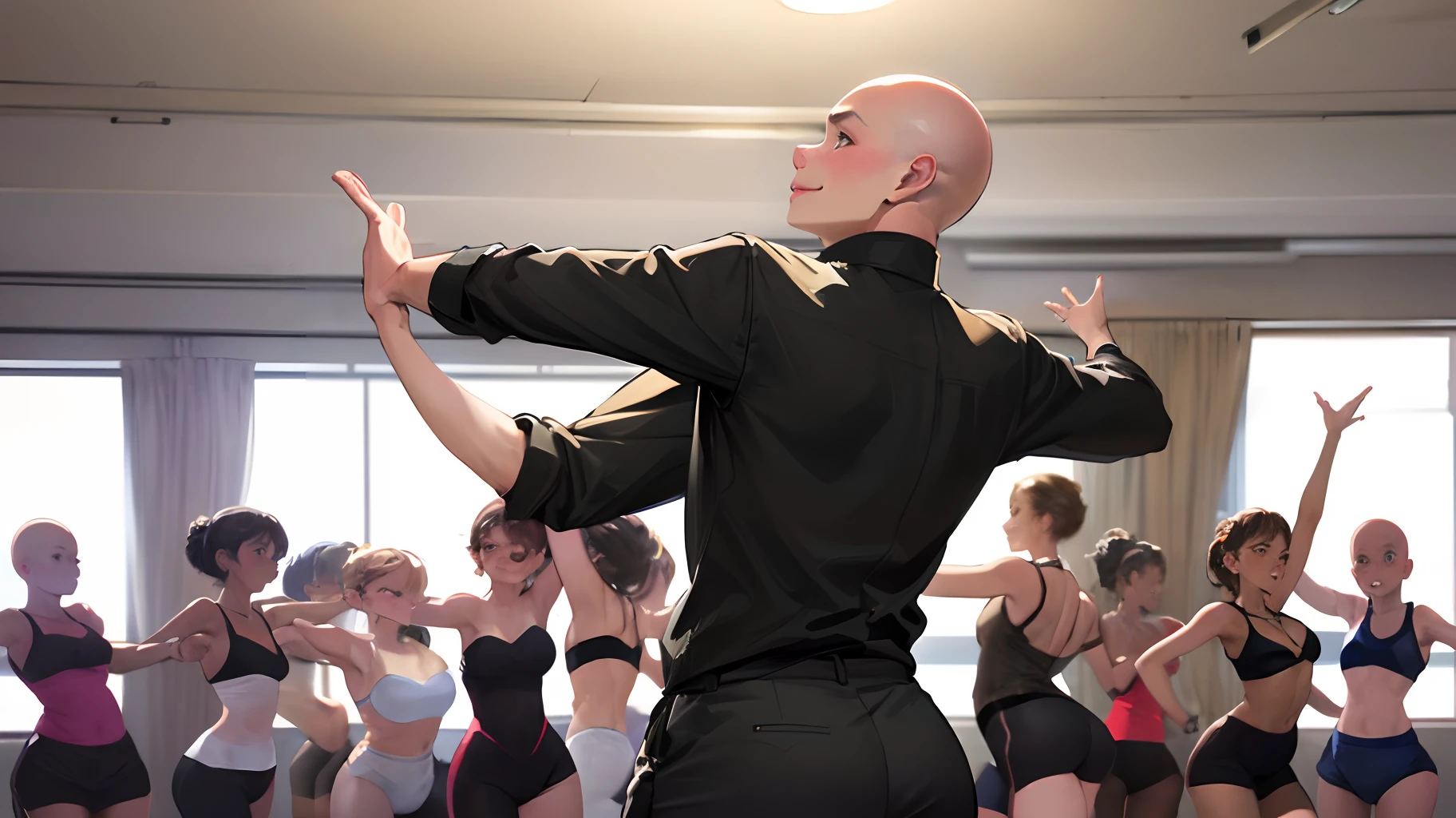 Stubby short bald big Nigerian boy wearing dancing attire in a girls dance class, with a big white smile on his mouth while every other girl in the dance class is looking at him weird, except for the dance instructor who is teaching normally, and we can see her back only. Realistic art style