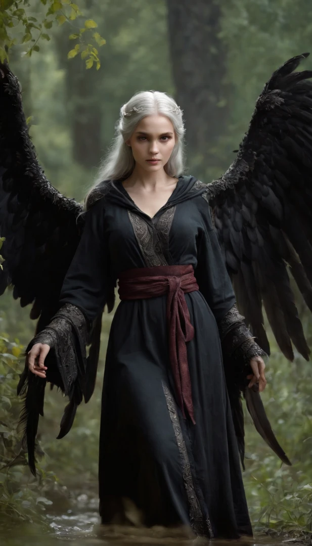 (Numerous award-winning masterpieces of, With incredible details, textures and maximum detail), (Ultra photo realsisim:1.4), (Realistic:1.3), (best quality real texture skin), finely quality eyes, finerly detailed face, ((medieval world)), (shinigami:1.4), (icy look in the eye), (She had a disgusting smile on her face),(Eyes that glow red in the dark), (Dramaticlight), (A majestic sight), Her countenance is gentle and beautiful, but somehow terrifying, (large wings,There are rough black feathers behind the shoulders:1.3), (Wearing a dark black hooded robe with intricate patterns:1.2), Folded wings, Skull pattern earrings, He was followed by a skeleton knight, (((Dramatic photo))), (Twilight), (Sunset), (Dusk), ((dramatic pose)), (flamboyant photo), (Golden hair), (Silver hair), (Maroon hair), (full-body portraits:1.4), ((head looking up)), ((Looking down)), (full-body standing image:1.4), (gives full-body standing image:1.4), (Around her neck is a simple necklace of exquisite workmanship), The forgotten graves are overgrown with vegetation, necropolis, Underground labyrinth, Evil Temple Ruins, Sacrificial temples, mistic, (The magic array of the ominous light:1.2), Ancient Castle Site, Ruins of an abandoned cemetery, Collapsed graves, Backwater Ancient Site, Swamp ruins, wavelets, running water, Shining majestic cloud masses and sky, salama,the night,with black background,black in color,greys,Dark tones