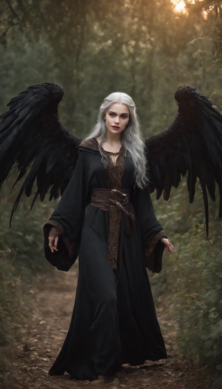 (Numerous award-winning masterpieces of, With incredible details, textures and maximum detail), (Ultra photo realsisim:1.4), (Realistic:1.3), (best quality real texture skin), finely quality eyes, finerly detailed face, ((medieval world)), (shinigami:1.4), (icy look in the eye), (She had a disgusting smile on her face),(Eyes that glow red in the dark), (Dramaticlight), (A majestic sight), Her countenance is gentle and beautiful, but somehow terrifying, (large wings,There are rough black feathers behind the shoulders:1.3), (Wearing a dark black hooded robe with intricate patterns:1.2), Folded wings, Skull pattern earrings, He was followed by a skeleton knight, (((Dramatic photo))), (Twilight), (Sunset), (Dusk), ((dramatic pose)), (flamboyant photo), (Golden hair), (Silver hair), (Maroon hair), (full-body portraits:1.4), ((head looking up)), ((Looking down)), (full-body standing image:1.4), (gives full-body standing image:1.4), (Around her neck is a simple necklace of exquisite workmanship), The forgotten graves are overgrown with vegetation, necropolis, Underground labyrinth, Evil Temple Ruins, Sacrificial temples, mistic, (The magic array of the ominous light:1.2), Ancient Castle Site, Ruins of an abandoned cemetery, Collapsed graves, Backwater Ancient Site, Swamp ruins, wavelets, running water, Shining majestic cloud masses and sky, salama,the night,with black background,black in color,greys,Dark tones