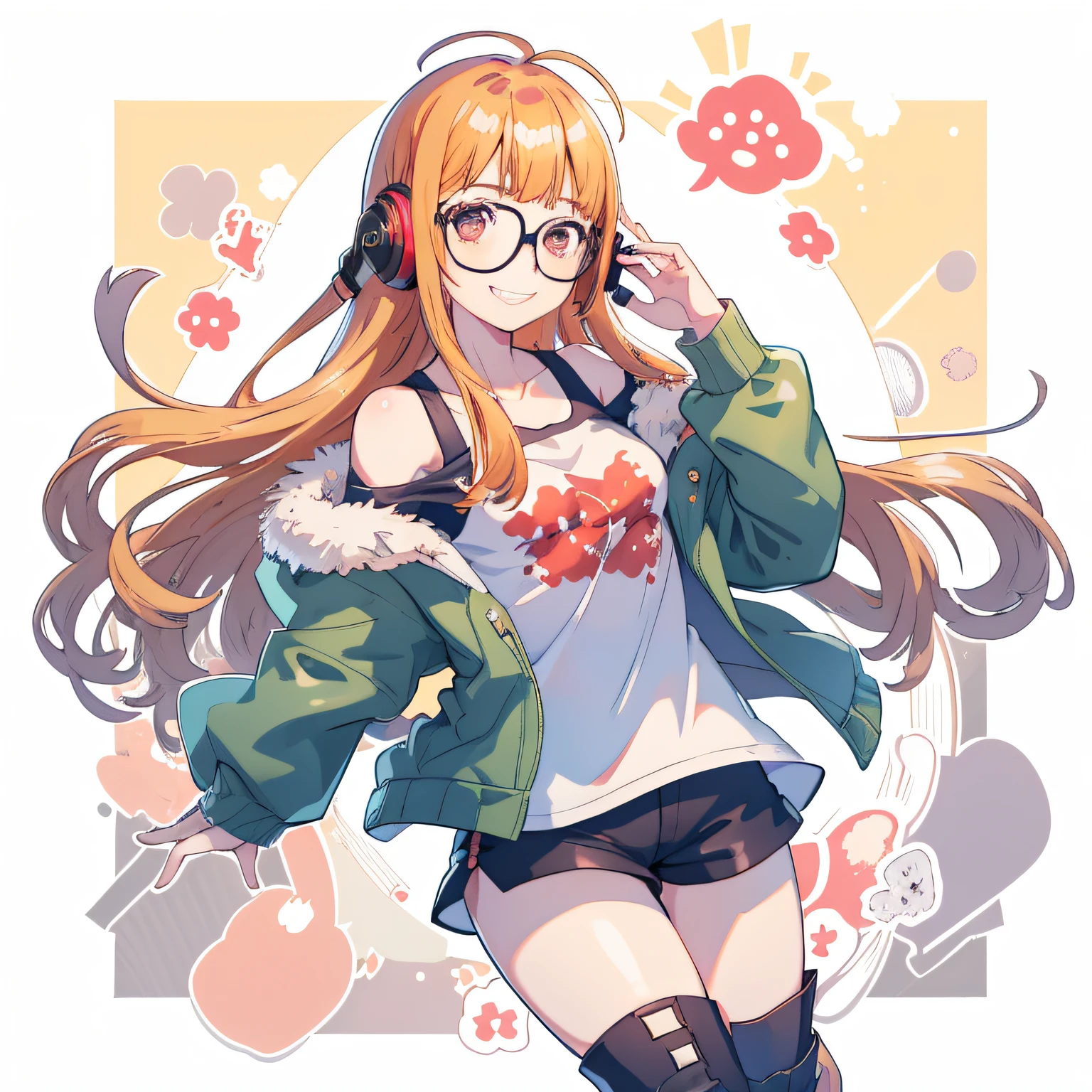 masutepiece, Best Quality, hight resolution, 1girl in, futaba sakura, Blunt bangs, Glasses, black-framed eyewear, Ahoge, Small breasts, Glasses, headphones, behind-the-head headphones, White shirt, Jacket, off shoulders, Fur trim, fur-trimmed jacket, Green jacket, Shorts, thighs thighs thighs thighs, long boots, Cowboy Shot,the golden hour、grin