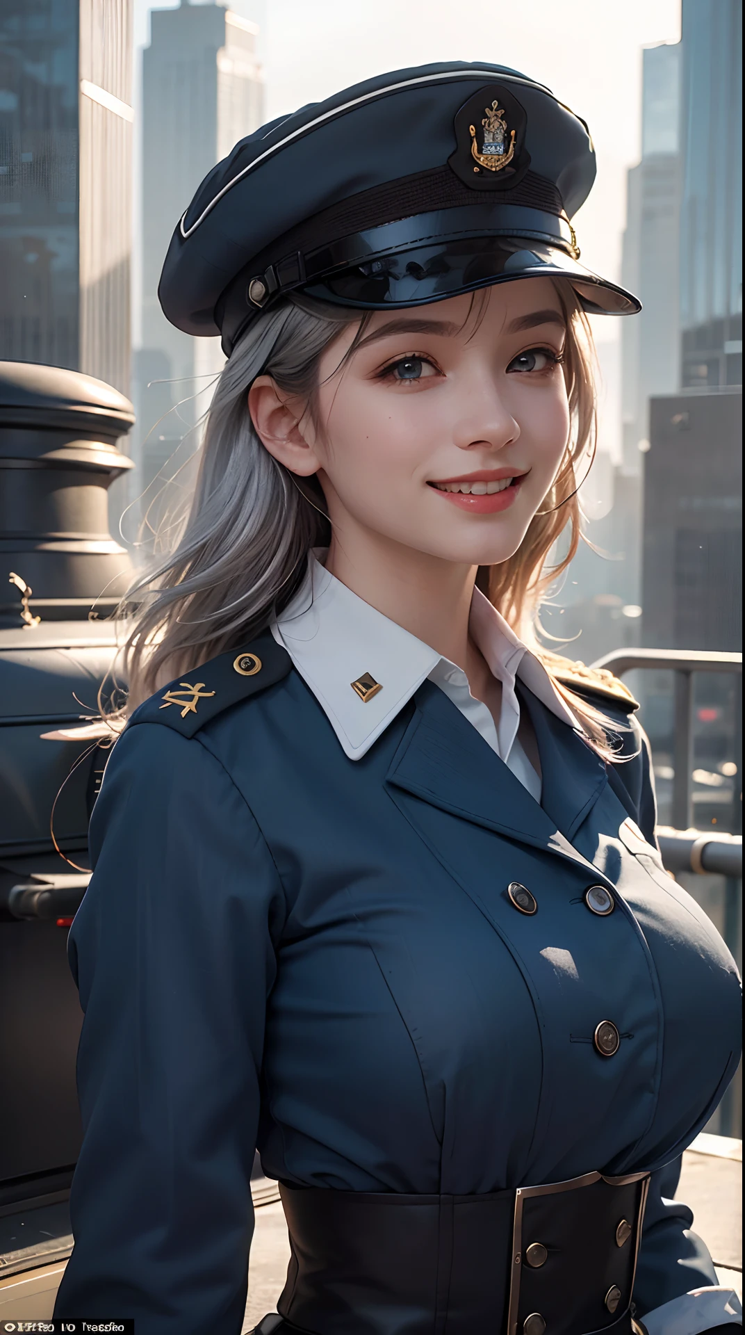 (best quality, 4k, 8k, high-res, masterpiece:1.2), ultra-detailed, (realistic, photorealistic, photo-realistic:1.37), (beautiful detailed eyes, beautiful detailed lips, extremely detailed eyes and face), studio lighting, physically-based rendering, vivid colors, (big tits, super big tits, super extra big tits), ((waist)), (military or naval uniform, hat:1.5), (two-tone color, silver & navy), (soft lighting, lowlight lighting), (portrait, smile and laugh), (skyscraper:1.5),