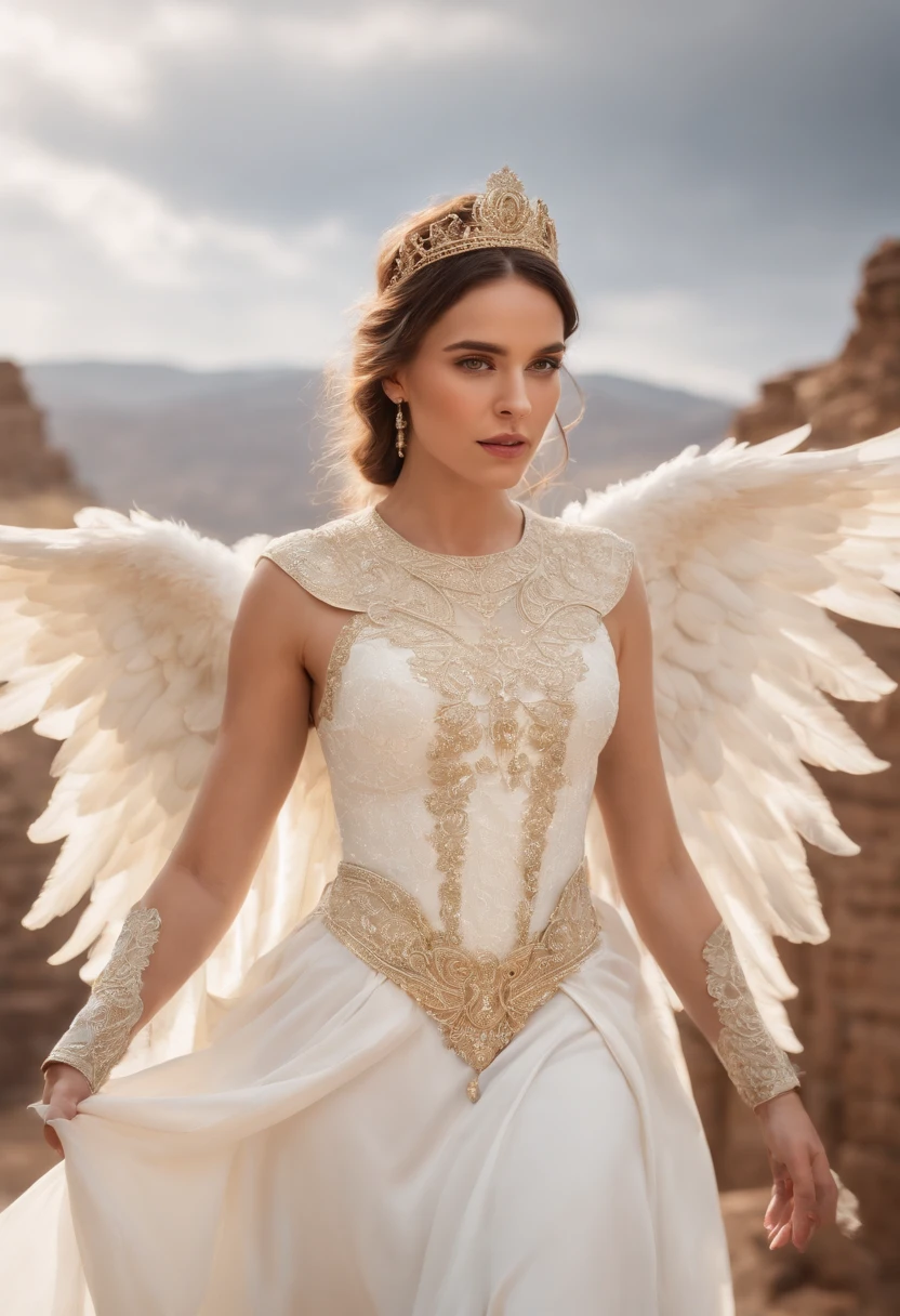 Imagine um ser divino envolvido por chamas de fogo sentado num sublime trono dourado, in front of him a great army of angels dressed in white. Realista, 8k obra de arte magnifica.