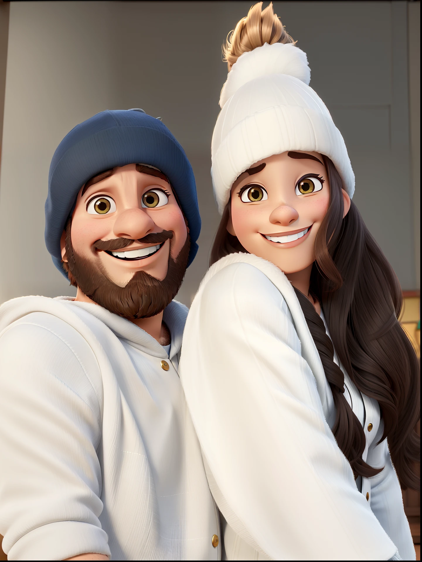 casal homem com barba e mulher ambos sorrindo no estilo Disney Pixar, alta qualidade, melhor qualidade