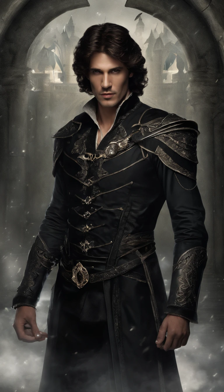(Masterpiece, Best quality:1.4),(absurderes, A high resolution, Ultra detailed:1.2), (1 handsome man:1.4),(using dark magic:1.4), magic,Playful illustration, Imaginative overlays, artistic fusion,fantastical scenes, evocative narratives, striking visual effects, Upper body, salama,the night,with black background,black in color,greys,Dark tones,medieval times