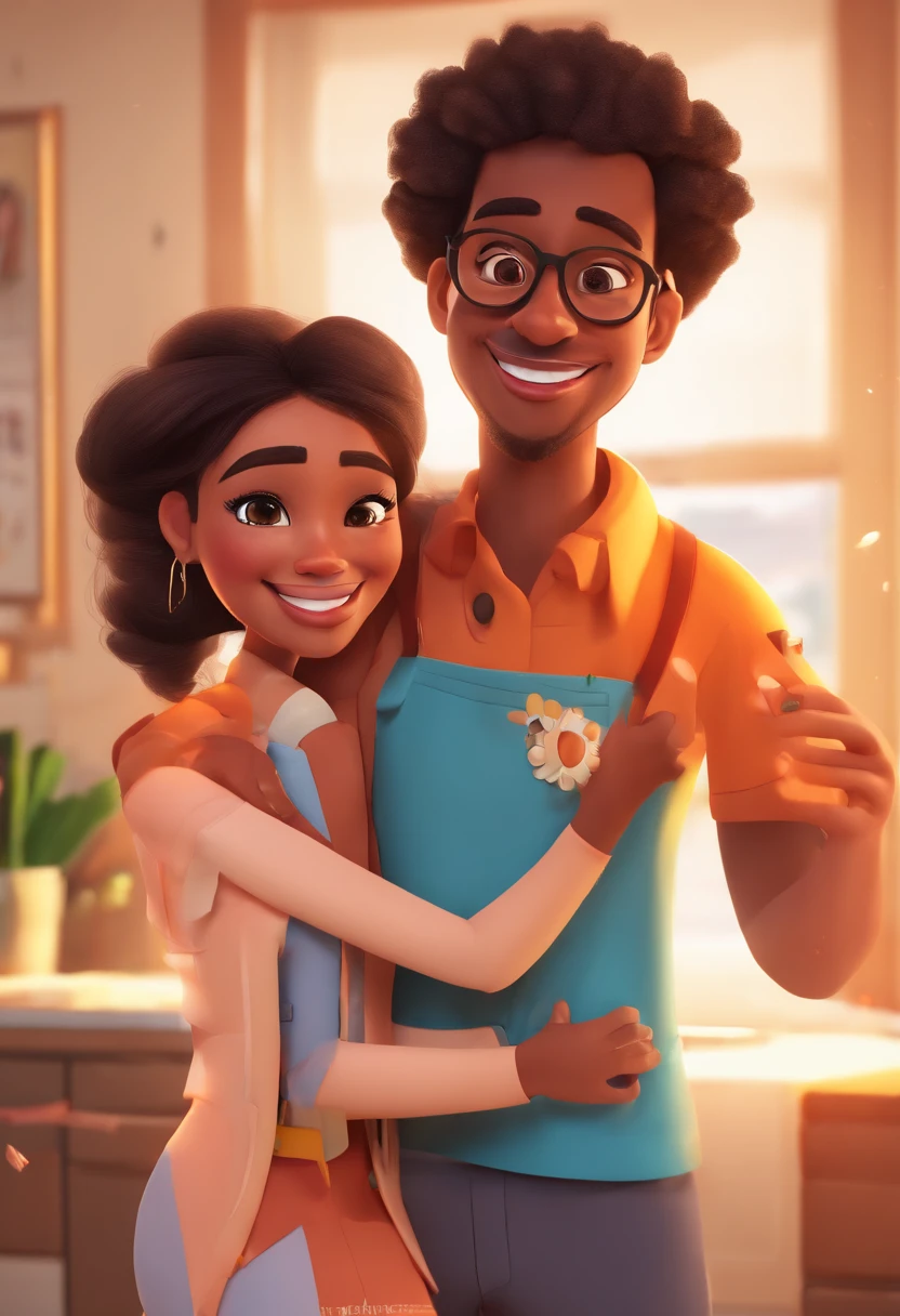 An illustration of an adorable couple, Highlight for a chubby mulatto man with smiling glasses and a brunette woman with beautiful expressive eyes - the man's skin is mulatto and the man's hair has, while the woman's skin is black and the woman's hair is straight and brown. They are a bright room, cada um com um sorriso no rosto, e compartilhar um momento especial caracterizado pelo amor, Insights. Illustrate this scene from a perspective where they are facing the camera, Smiling and Showing Your Connection. Desenvolva esta arte em Full HD, Focus on your cinematic touch, Estilo Disney Pixar Animations