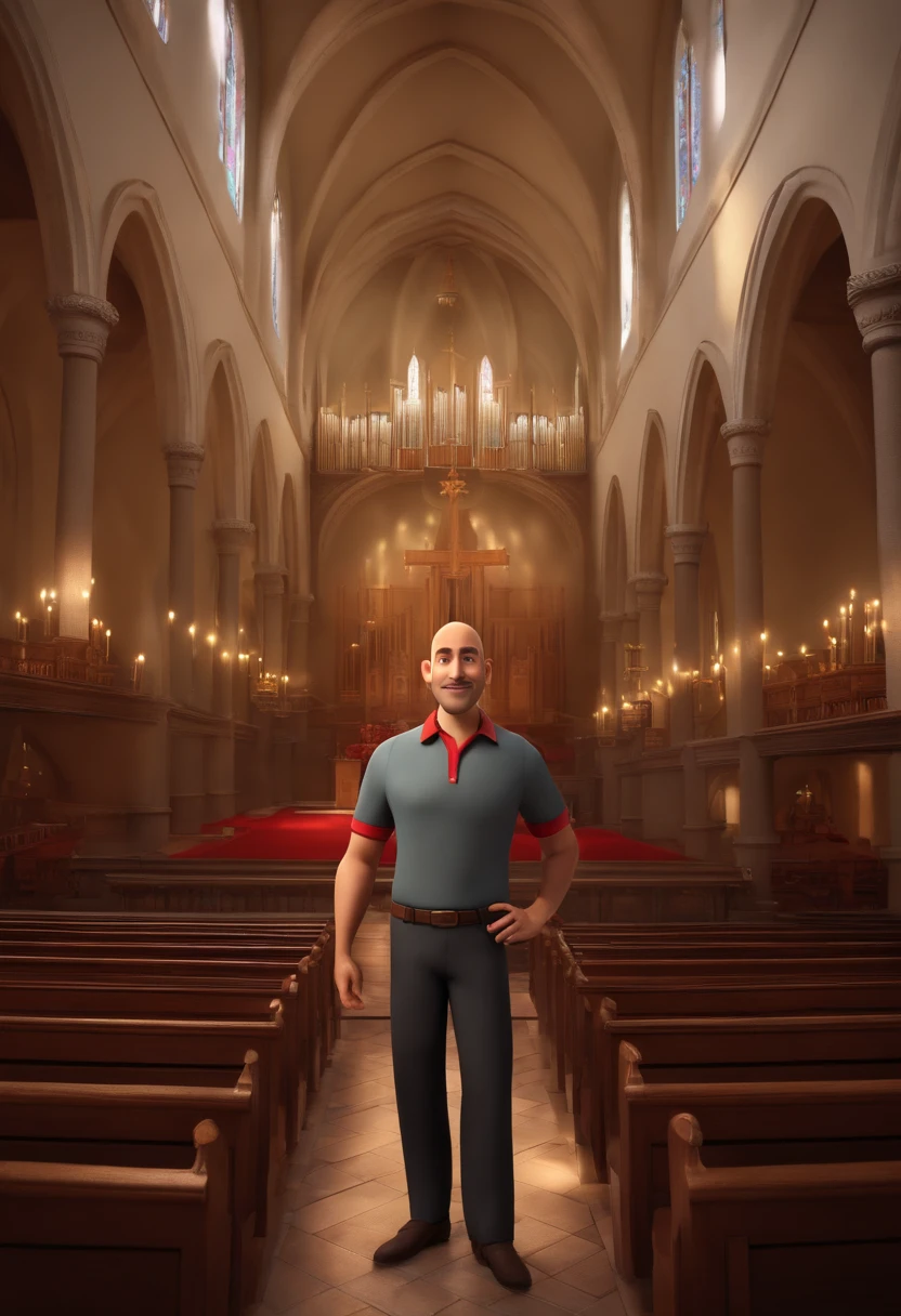 Create a 3D character in Pixar style, he is a man, 39 years old, bald, has hair only on the sides of his head, long and thin face, pointed chin, small mouth, fair skin, no beard, wears a red polo shirt, holds a microphone, next to a glass pulpit with a bible on top, in the background is the church audience all standing, the background blurred.