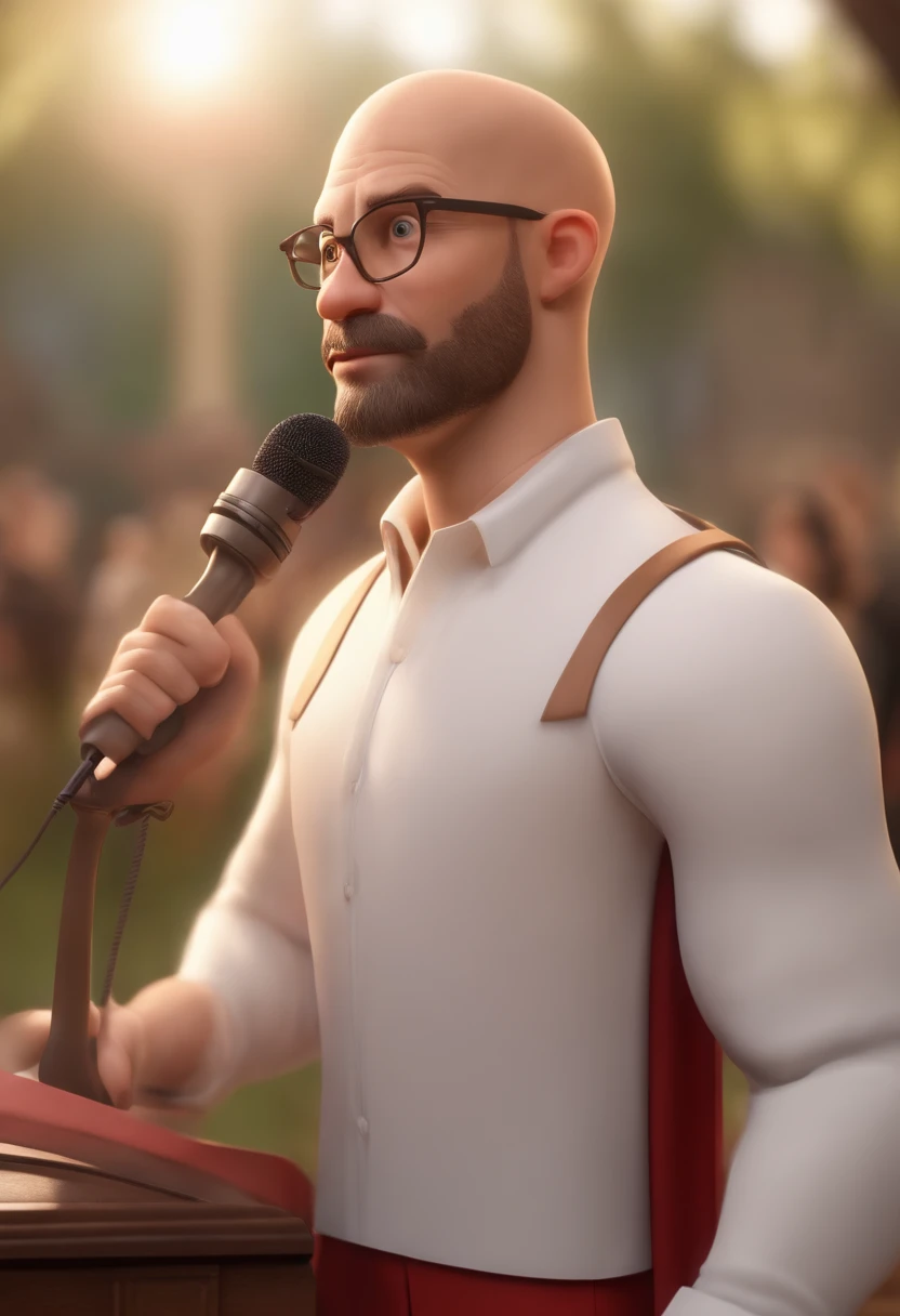 Create a 3D character in Pixar style, he is a man, 39 years old, bald, has hair only on the sides of his head, long and thin face, pointed chin, small mouth, fair skin, no beard, wears a red polo shirt, holds a microphone, next to a glass pulpit with a bible on top, in the background is the church audience all standing, the background blurred.