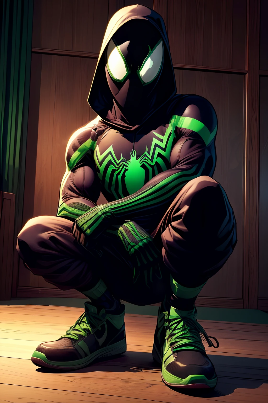 (best quality,4k,Altas,master part:1.2),ultra-detalhado,(Realistic:1.37),Vincent vestindo traje do Homem-Aranha,Capuz interno verde com teias,Mask with large light eyes and green lines,Web Scale,Poses do Homem-Aranha,Estilo Spiderman HQ,vivid colors,studio lighting