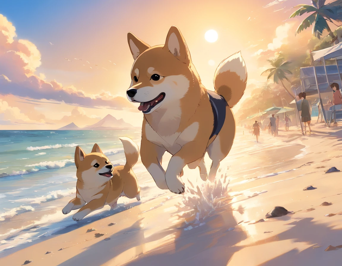 Shiba dog、pup、Playing on the beach