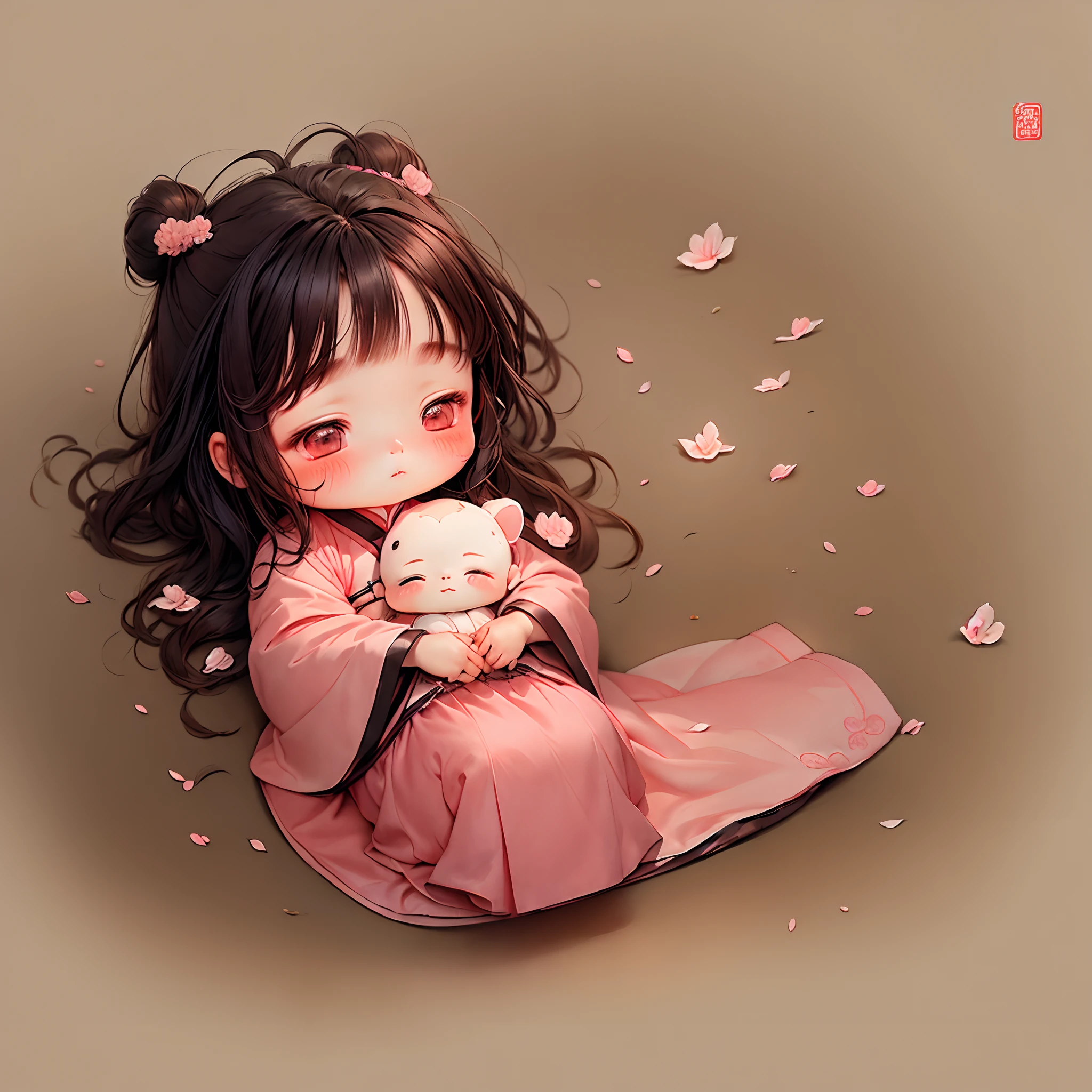 delicated,weeping,Cute Chinese style Q version baby lying on the bed,Wearing colorful Hanfu,Sad atmosphere,Pink clothes,weeping,The face is sad