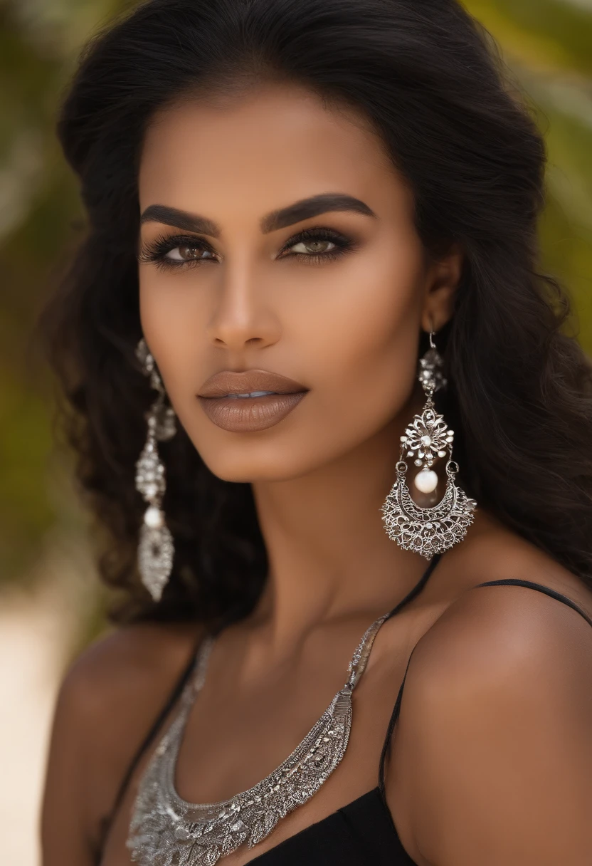 uma mulher de pele branca e de cabelo curto preto, com sardas no nariz, with slightly slanted eyes and a mouth with a slight heart shape, usando 3 piercings na orelha. Ao lado de outra mulher de pele um pouco bronzeada com cabelos longos e castanho claro, de sobrancelha grossa e olho puxado, with a nose piercing and full lips. They're both chatting on the beach with caipirinhas