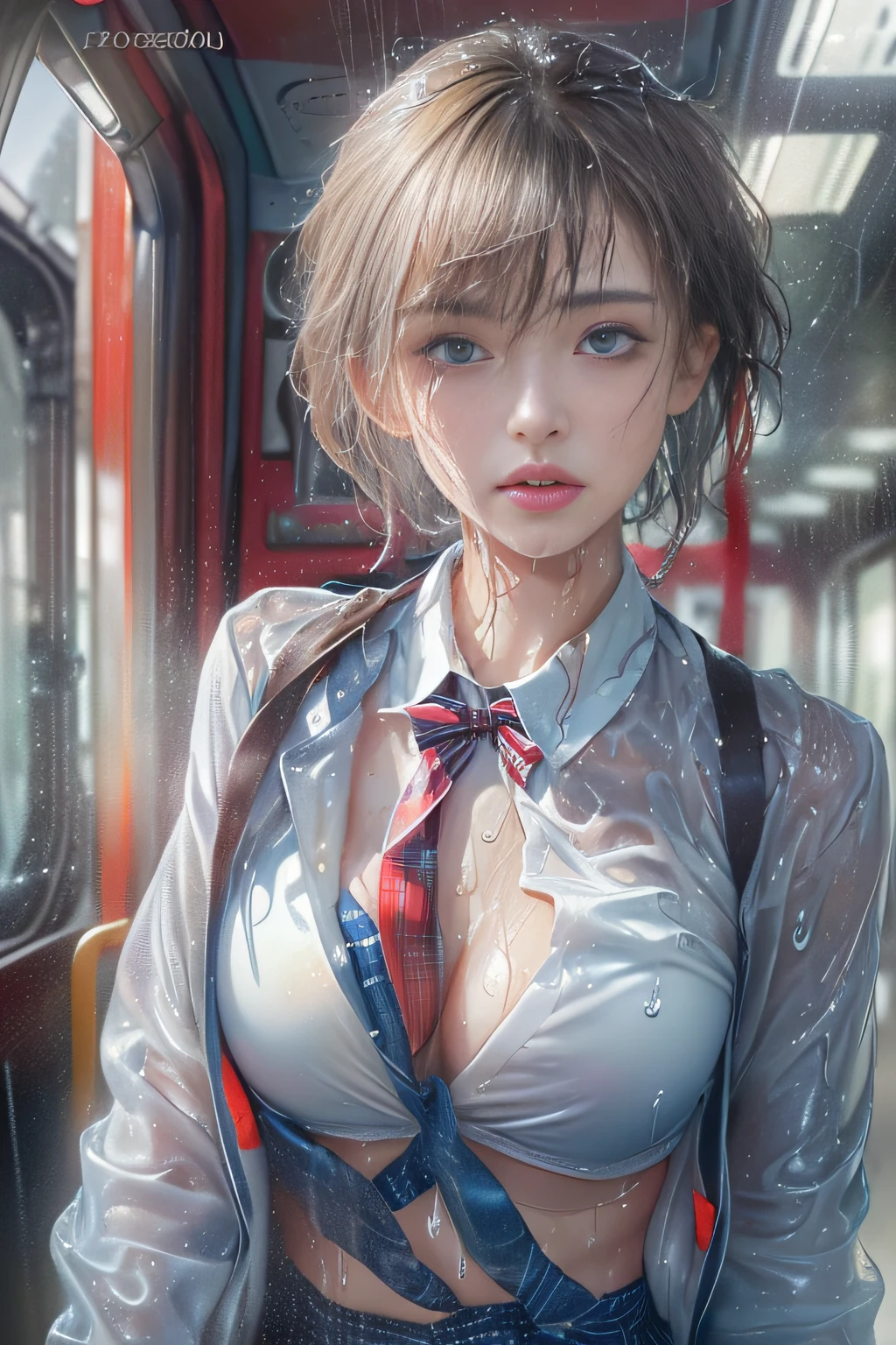 ((girl standing in front of the door of a train)),((Wet white blazer))、((Wet translucent white blouse、red bowtie、Dark blue checked skirt)). 40k, Photography, masutepiece, Best Quality, cloudy ash sky, ((1 girl with beautiful eyes、Brown Light、Wet short hair, . White skin, Poses variadas.((breasts of medium size,:1.1)), Best Quality, masutepiece, Ultra high definition, (Photorealistic:1.4), Raw photo, (perfect body type), (slim:1.3), Slim abdomen, Perfect slim figure, dynamicposes, (((Full-figured :0.9))), Solo, Cold Light 12000K, Highly detailed facial and skin texture, Detailed eyes, Realistic eyes, Beautiful detailed eyes, (Realistic skin), Attractive, 超A high resolution, A hyper-realistic, Highly detailed,((she is soaking wet)),((No bra)),((Erection shows through))、((posterior view)),((Looks Back))、