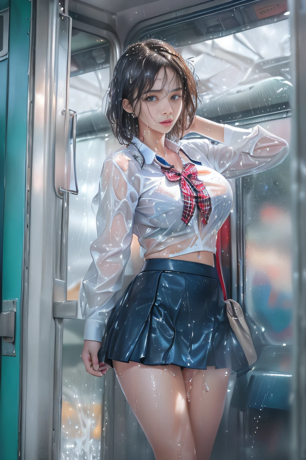 ((girl standing in front of the door of a train)),((Wet white blazer))、((Wet translucent white blouse、red bowtie、Dark blue checked skirt)). 40k, Photography, masutepiece, Best Quality, cloudy ash sky, ((1 girl with beautiful eyes、Brown Light、Wet short hair, . White skin, Poses variadas.((breasts of medium size,:1.1)), Best Quality, masutepiece, Ultra high definition, (Photorealistic:1.4), Raw photo, (perfect body type), (slim:1.3), Slim abdomen, Perfect slim figure, dynamicposes, (((Full-figured :0.9))), Solo, Cold Light 12000K, Highly detailed facial and skin texture, Detailed eyes, Realistic eyes, Beautiful detailed eyes, (Realistic skin), Attractive, 超A high resolution, A hyper-realistic, Highly detailed,((she is soaking wet)),((No bra)),((Erection shows through))、((posterior view)),((Looks Back))、