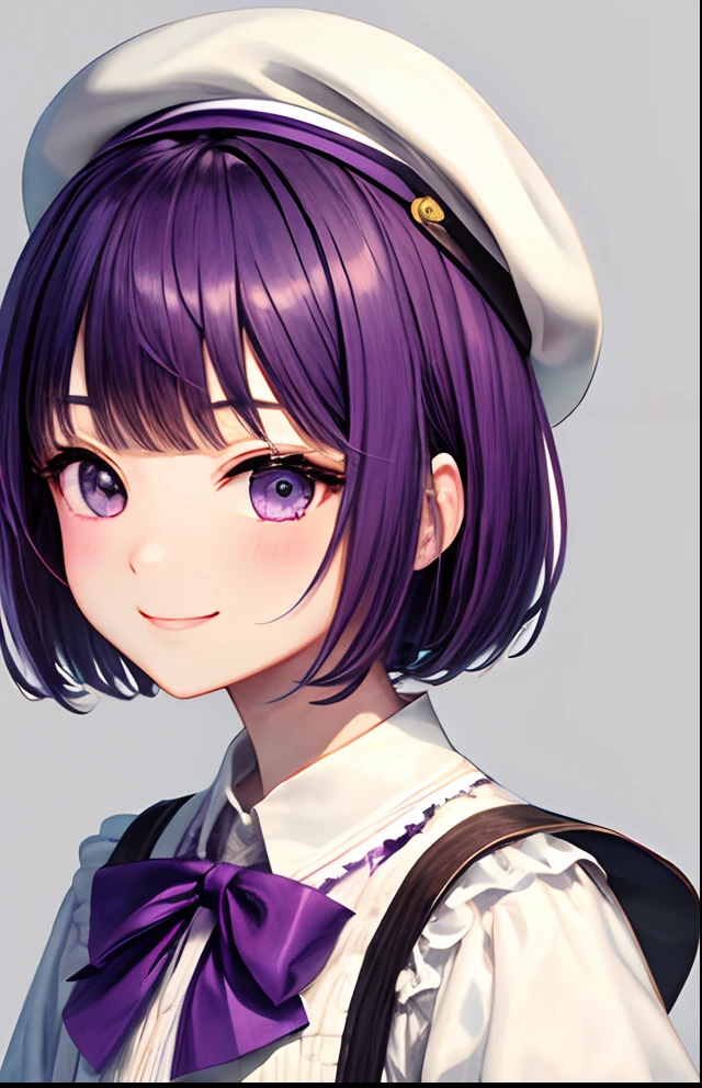 girl with、No background、without background、Background through、Purple hair、Purple hair、short-cut、Subject bangs、Pattsun bangs、Aligned bangs、Sareme、drooping eyebrows、Takuambi、Marovi、Round eyebrows、frilld、bow ribbon、White cap、beret、White and purple dress、embarrassed、kawaii、Smiling、A smile、No background