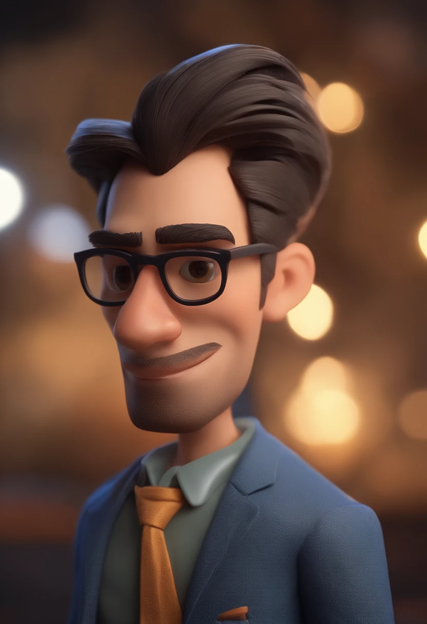 Cartoon character of a man with black glasses, cabelo cacheado marrom escuro e uma camisa azul, animation character, Caractere estilizado, animation style rendering, 3D estilizado, Arnold Maya render, 3 d render stylized, toon render keyshot, Personagem 3D, Personagem 3D, 3d rendering stylized, 3 d character render, personagem de desenho animado, Personagem de close up, Pose de personagem, (Estilo Pixar) (master part:1.2) (Bokeh) (best quality) (pele detalhada) (textura detalhada) (8k) (argila) (Cinematic lighting) (foco nítido
