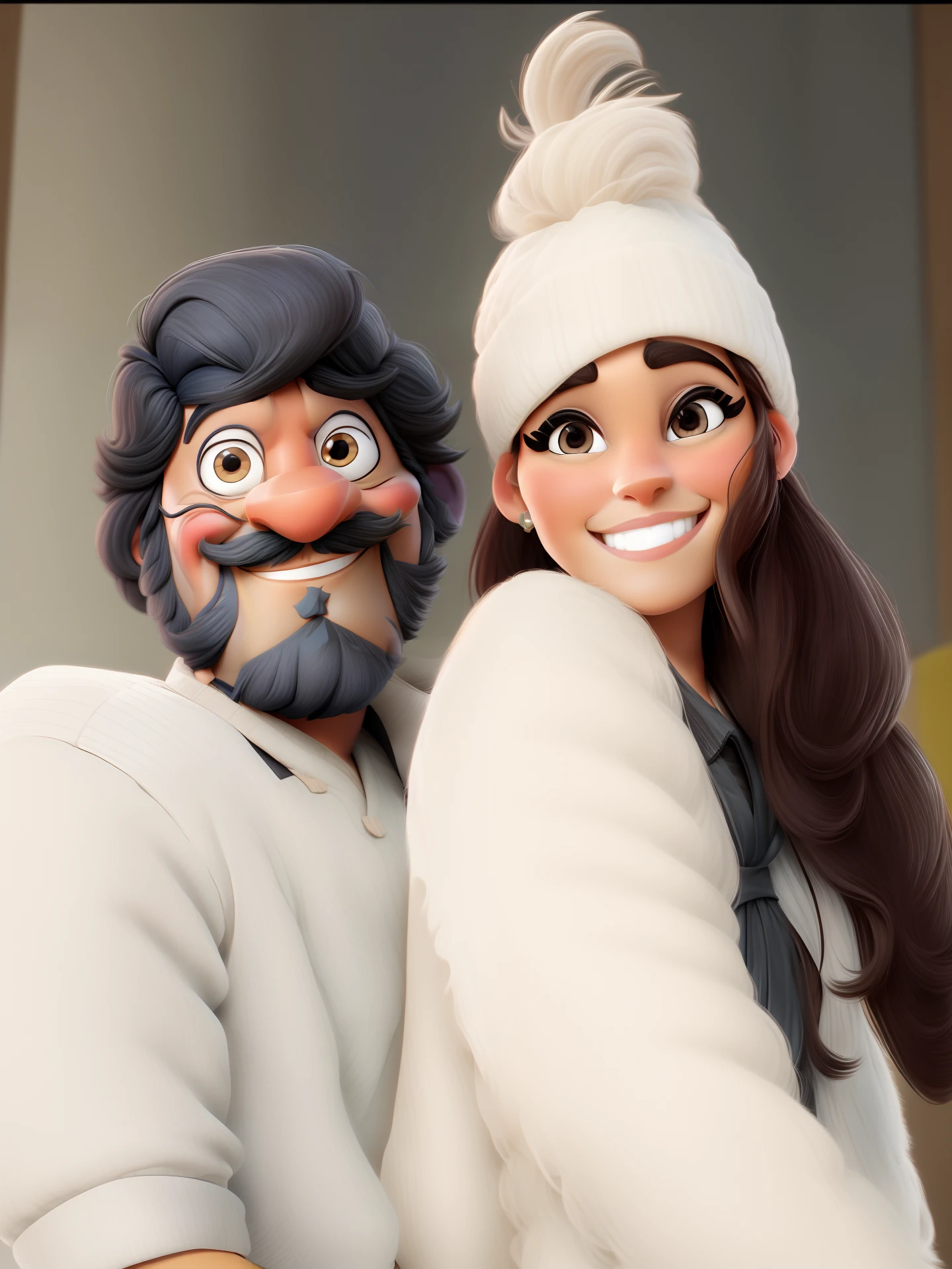 casal homem com barba e mulher ambos sorrindo no estilo Disney Pixar, alta qualidade, melhor qualidade