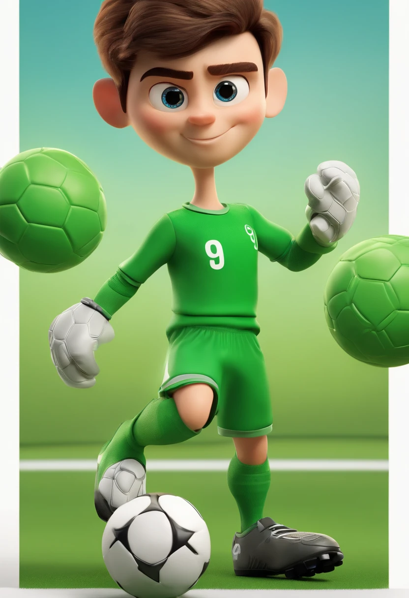Cartoon character of a goalkeeper with the ball in his hand and a green shirt with the number 99 short hair, animation character, Caractere estilizado, animation style rendering, 3D estilizado, Arnold Maya render, 3 d render stylized, toon render keyshot, Personagem 3D, Personagem 3D, 3d rendering stylized, 3 d character render, personagem de desenho animado, Personagem de close up, Pose de personagem, (Estilo Pixar) (master part:1.2) (Bokeh) (best quality) (pele detalhada) (textura detalhada) (8k) (argila) (Cinematic lighting) (foco nítido