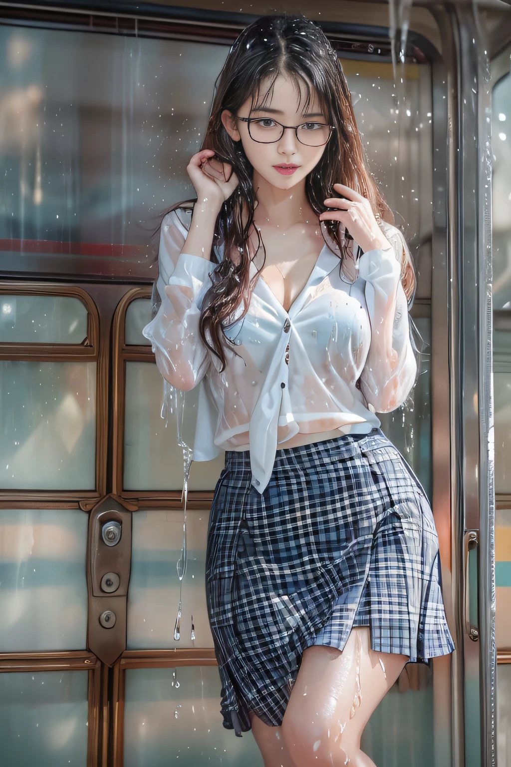 ((Schoolgirl on the train door))、((Wet white blazer)),((Translucent wet white blouse、red bowtie、Dark blue checked skirt)).((No bra)) 40k, Photography, masutepiece, Best Quality, Rainy Pattern Background, ((1 Gorgeous wet light hair girl with beautiful eyes, She wears glasses on her beautiful face, )). White skin, Poses variadas.((breasts of medium size,:1.1)), Best Quality, masutepiece, Ultra high definition, (Photorealistic:1.4), Raw photo, (perfect body type), (slim:1.3), Slim abdomen, Perfect slim figure, dynamicposes, (((Full-figured :0.9))), Solo, Cold Light 12000K, Highly detailed facial and skin texture, Detailed eyes, Realistic eyes, Beautiful detailed eyes, (Realistic skin), Attractive, 超A high resolution, A hyper-realistic, Highly detailed,((she is soaking wet))、((erection))、((posterior view)),((Looks Back))、