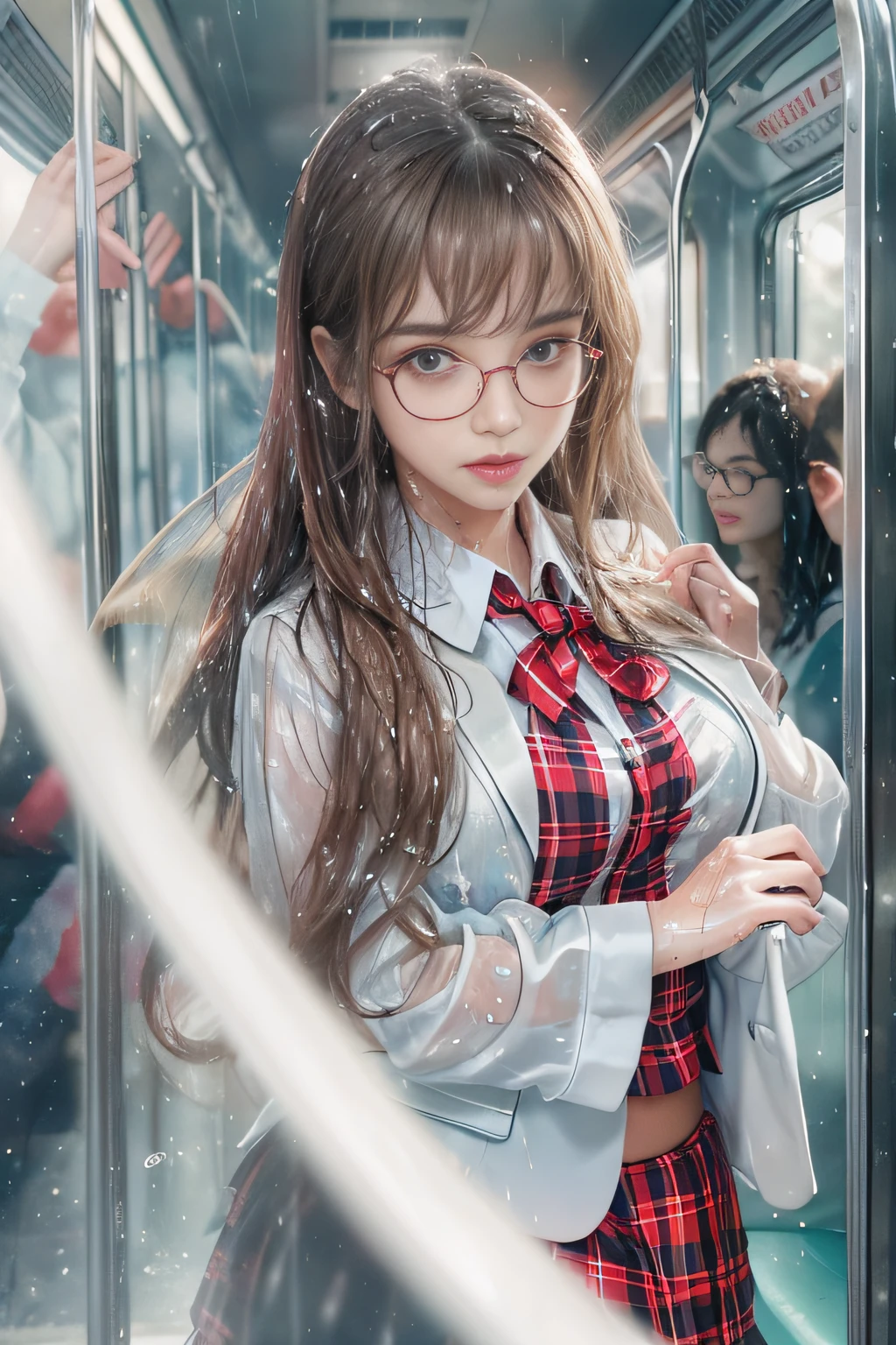 (( on the train door))、((wet white blazer)),((translucent wet white blouse、red bow tie、dark blue checked skirt)).((No bra)) ,(nipple),40k, photograph, table top, highest quality, rain pattern background, (( Gorgeous wet blonde girl with beautiful eyes, she wears glasses on her beautiful face, )). white skin, various poses.((medium sized breasts,:1.1)), highest quality, table top, ultra high resolution, (realistic:1.4), RAWphotograph, (perfect body shape), (slim:1.3), slimなお腹, Perfect slim figure, dynamic pose, (((big :0.9))), alone, Cold light 12000K, very detailed facial and skin texture, fine eyes, realistic eyes, fine and beautiful eyes, (realistic skin), charm, 超A high resolution, 超realistic, very detailed,((she is soaking wet))、(())、((Rear view)),((look back))、