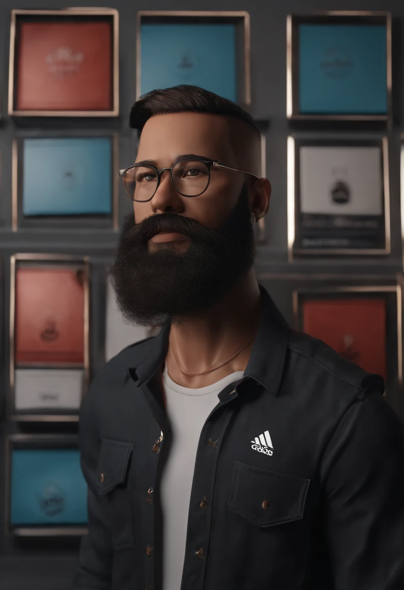 Personagem de desenho animado de um homem tatuador sentado no studio de tatuagem desenhando, Various tattoo frames on the wall, skate na parede, uma placa com o nomw Romuleque, tenis adidas preto, com barba usando uma camisa preta xadrez , um personagem animado, Caractere estilizado, animation style rendering, 3D estilizado, Arnold Maya render, 3 d render stylized, toon render keyshot, Personagem 3D, Personagem 3D, 3d rendering stylized, 3 d character render, personagem de desenho animado, Personagem de close up, Pose de personagem, (Estilo Pixar) (master part:1.2) (Bokeh) (best quality) (pele detalhada) (textura detalhada) (8k) (argila) (Cinematic lighting) (foco nítido,Senta e vaza a parte superior do corpo