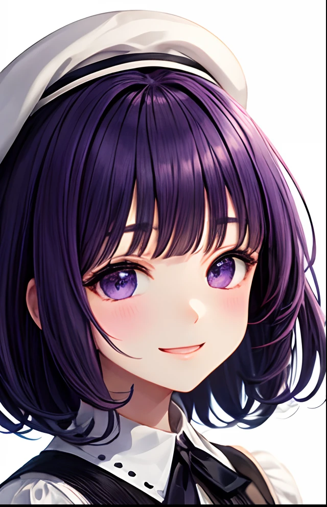girl with、No background、without background、Background through、Purple hair、Purple hair、short-cut、Subject bangs、Pattsun bangs、Aligned bangs、Sareme、drooping eyebrows、Takuambi、Marovi、Round eyebrows、frilld、bow ribbon、White cap、beret、White and purple dress、embarrassed、kawaii、Smiling、A smile、No background