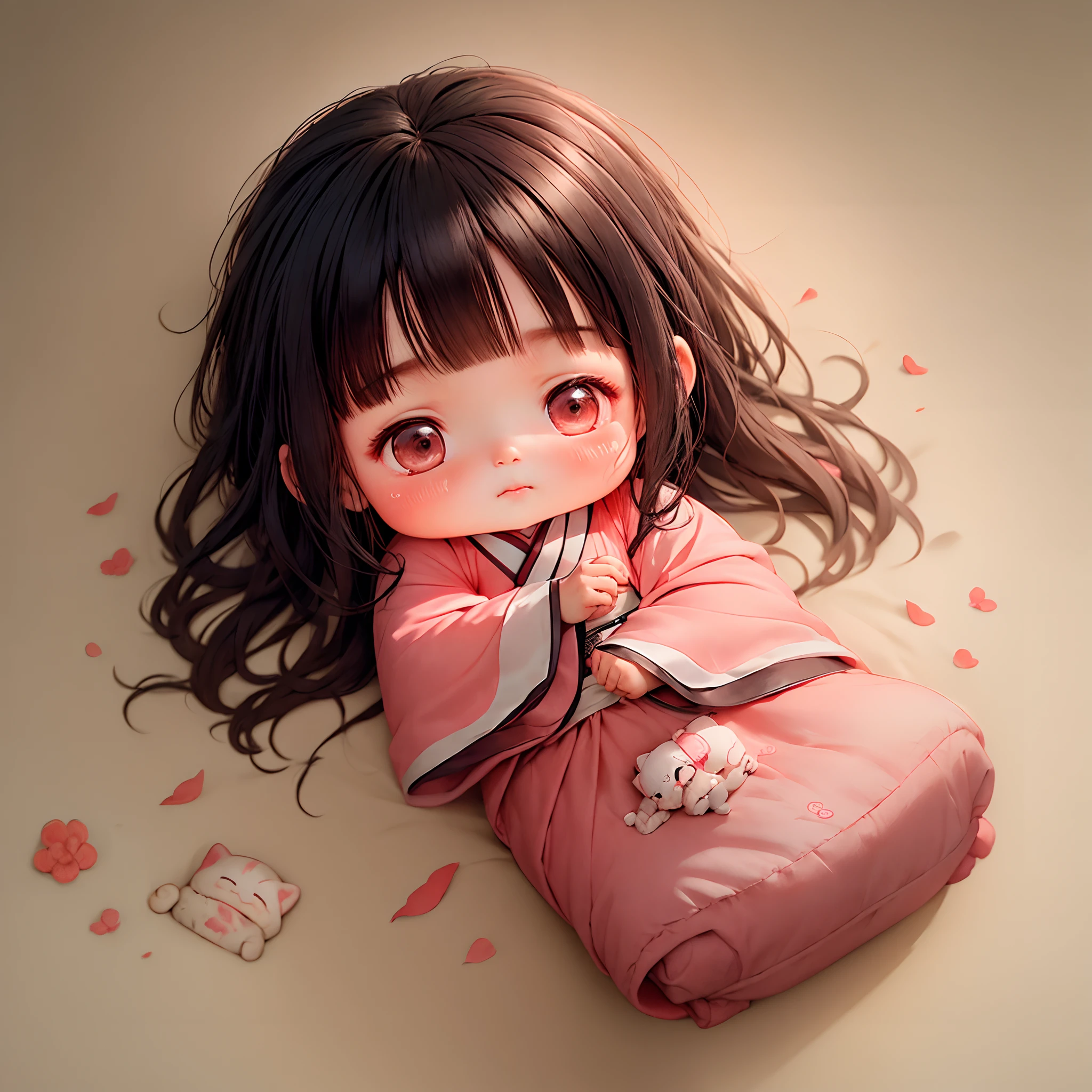 delicated,Happy human lying on bed,having fun,Cute Chinese style Q version babyorful clothes,Pink and white clothes