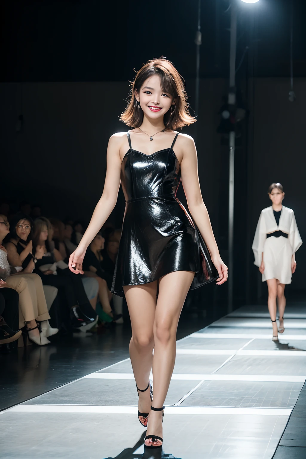 1girl in, (Smile:1.6) ,stunningly beautiful girl, highr_sewing, designer dress, high-heels,High fashion,  High brand,Famous fashion shows, (Indoor runway:1.4),Long face, beautiful countenance, dark red eyes, Sandy's blonde hair swept sideways, Short hair, Long rings, Catwalk,Red carpet,Colorful confetti, Vivid colors, masutepiece, Best quality, absurderes, Highest quality, Amazing details, 8K, Aesthetic,Perfect lighting,looki at viewer,(dynamic ungle:1.2),Big stage