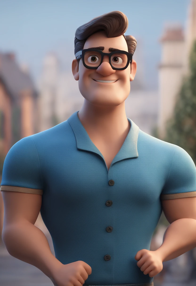 Cartoon character of a man with black glasses and a blue shirt, animation character, Caractere estilizado, animation style rendering, 3D estilizado, Arnold Maya render, 3 d render stylized, toon render keyshot, Personagem 3D, Personagem 3D, 3d rendering stylized, 3 d character render, personagem de desenho animado, Personagem de close up, Pose de personagem, (Estilo Pixar) (master part:1.2) (Bokeh) (best quality) (pele detalhada) (textura detalhada) (8k) (argila) (Cinematic lighting) (foco nítido