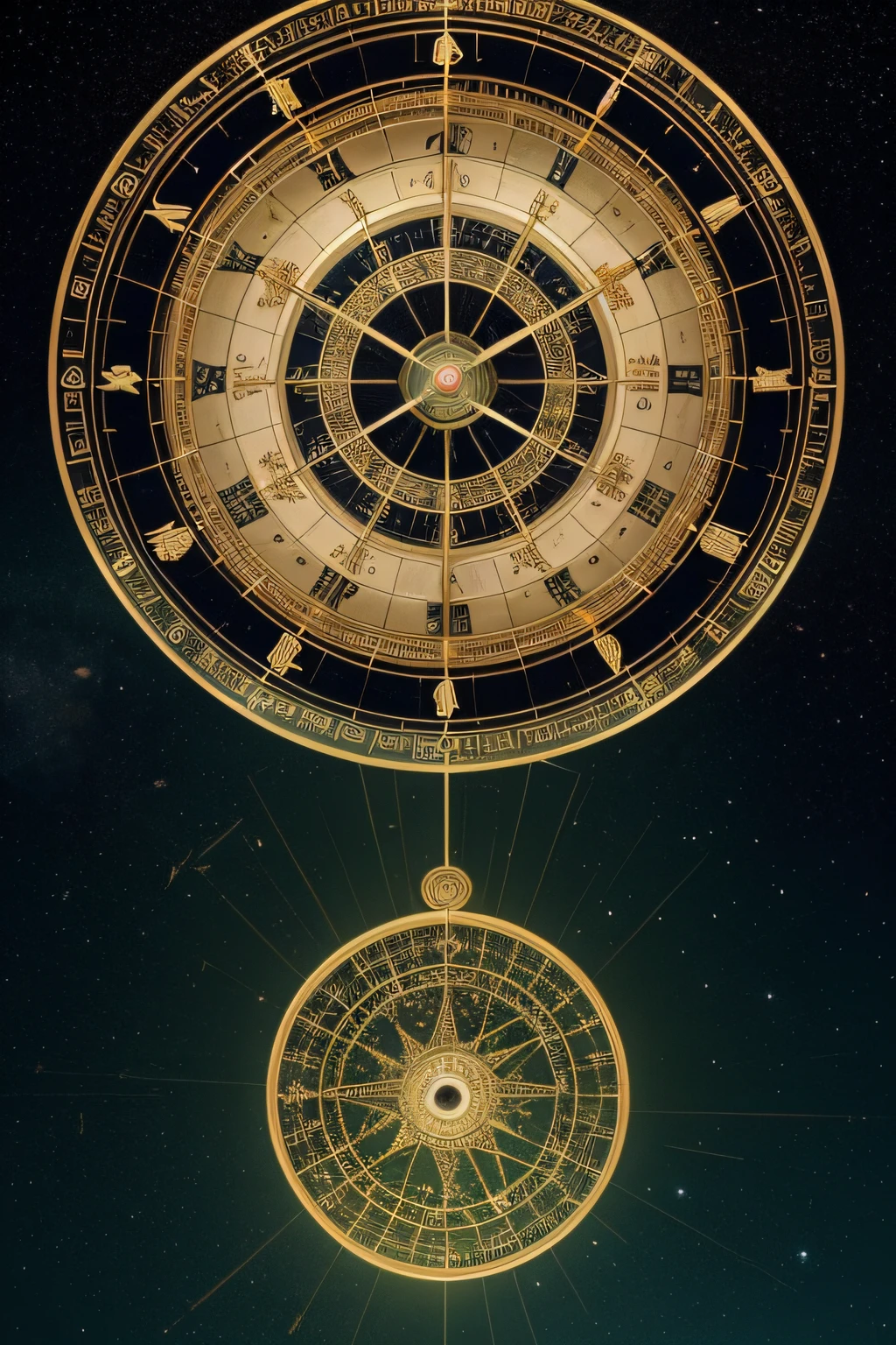 The clock of the zodiac, Inspired by Gong Xian's digital rendering, Trend of CGsociety, hurufiyya, unknown zodiac sign, astrology, scientific depiction, constellation, Numerology, lunar time, Astrolabe, infinite space clock background, Zodiac signs, geometry and astrology, Celestial regulators, libra symbol, Astral appearance，Greenish cast
