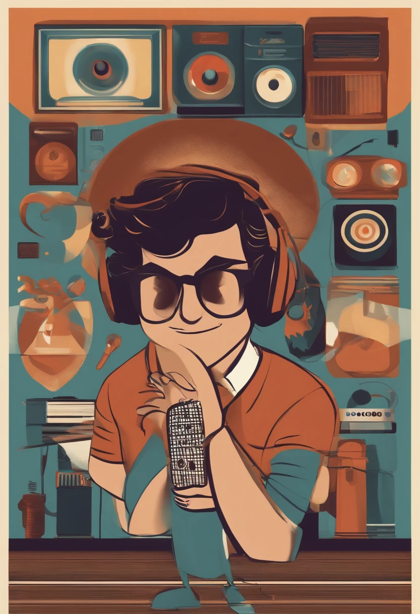 um homem moreno, em breve, barba media, olhos castanhos, com fones de ouvido, A music studio in the background, Imagem no estilo Pixar, Estilo de filme animado 3D, Disney, camiseta preta