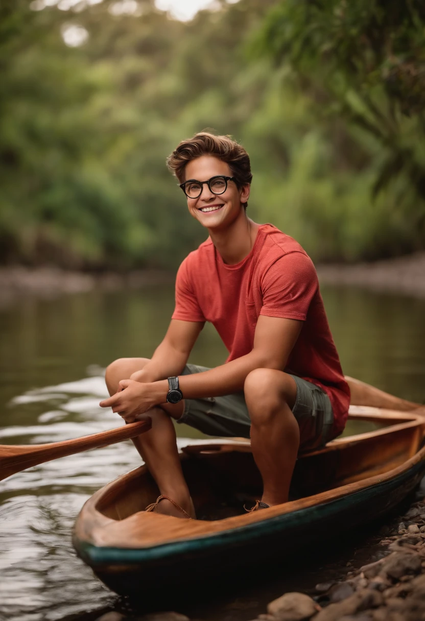 Imagem de um  com 20 anos atravessando um rio em uma canoa vermelha em formato Pixar, He's little Arthur, He's funny , He's outgoing, Playful and has a beautiful smile, cabelo castanho claro liso e curto, Round Eyewear, Pink lips and a marked smile, camisa com listras laranjas e brancas na horizontal. He's sitting in Canos staring in amazement at the forest around the river with a camera in his hand, He's a photographer