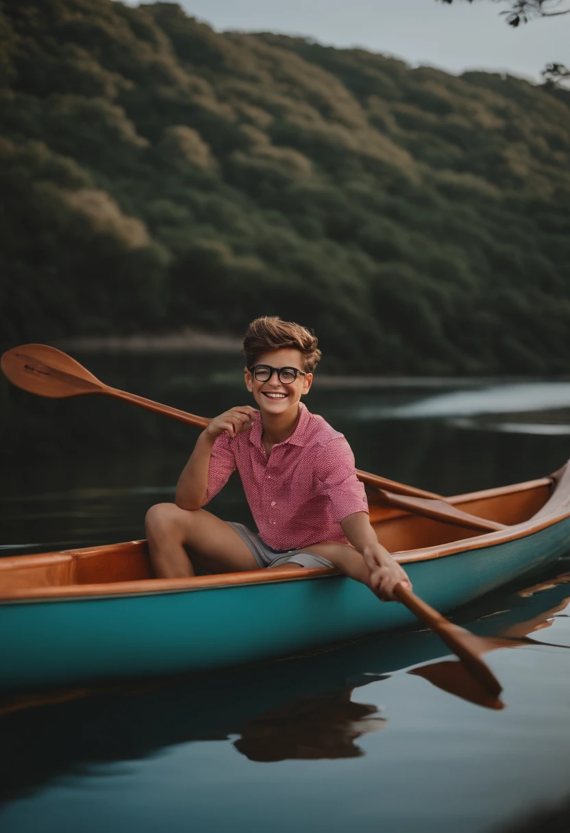 Imagem de um menino com 20 anos atravessando um rio em uma canoa vermelha em formato Pixar, He's little Arthur, He's funny , He's outgoing, Playful and has a beautiful smile, cabelo castanho claro liso e curto, Round Eyewear, Pink lips and a marked smile, camisa com listras laranjas e brancas na horizontal. He's sitting in Canos staring in amazement at the forest around the river with a camera in his hand, He's a photographer