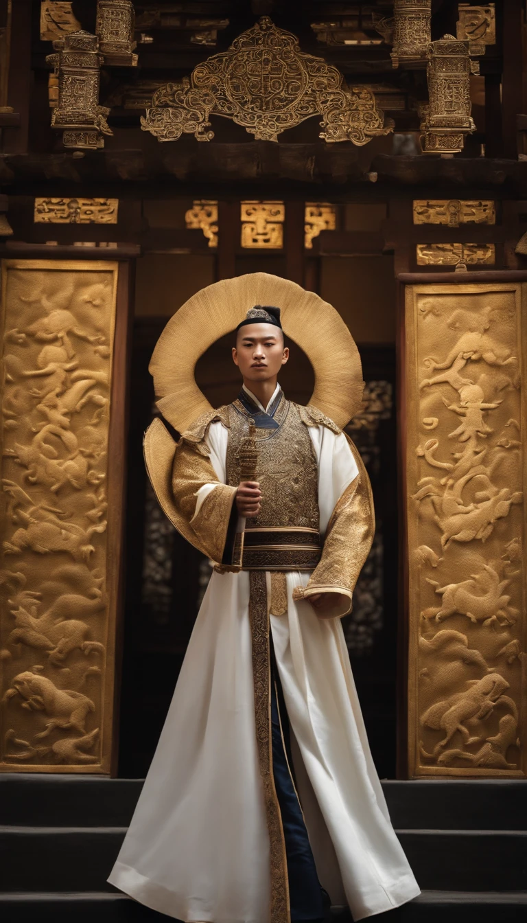 Young male Taoist leader in China，barba longa，Medite de pernas cruzadas, no centro，cores muito brilhantes,fundo da lua， light particles, com luz brilhante, Mshiv, Arte do papel de parede, Papel de parede UHD