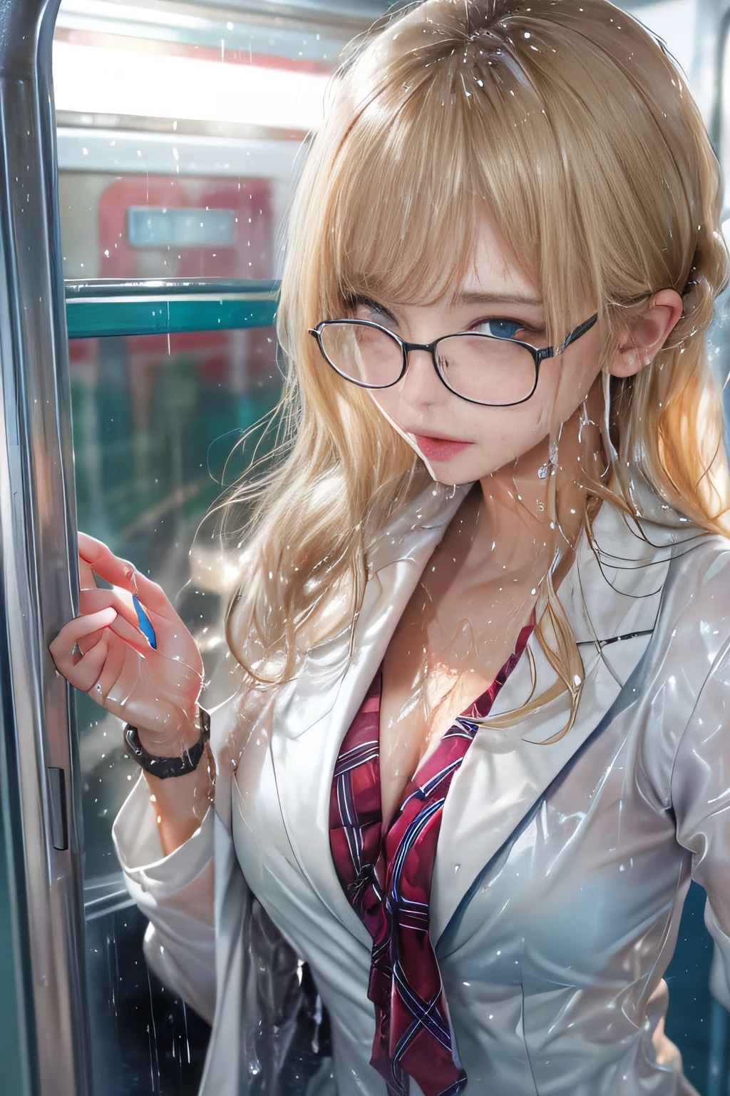 ((Schoolgirl on the train door))、((Wet white blazer)),((Translucent wet white blouse、red bowtie、Dark blue checked skirt)).((No bra)) 40k, Photography, masutepiece, Best Quality, Rainy Pattern Background, (( Gorgeous wet blonde girl with beautiful eyes, She wears glasses on her beautiful face, )). White skin, Poses variadas.((breasts of medium size,:1.1)), Best Quality, masutepiece, Ultra high definition, (Photorealistic:1.4), Raw photo, (perfect body type), (slim:1.3), Slim abdomen, Perfect slim figure, dynamicposes, (((Full-figured :0.9))), Solo, Cold Light 12000K, Highly detailed facial and skin texture, Detailed eyes, Realistic eyes, Beautiful detailed eyes, (Realistic skin), Attractive, 超A high resolution, A hyper-realistic, Highly detailed,((she is soaking wet))、((erection))、((posterior view)),((Looks Back))、