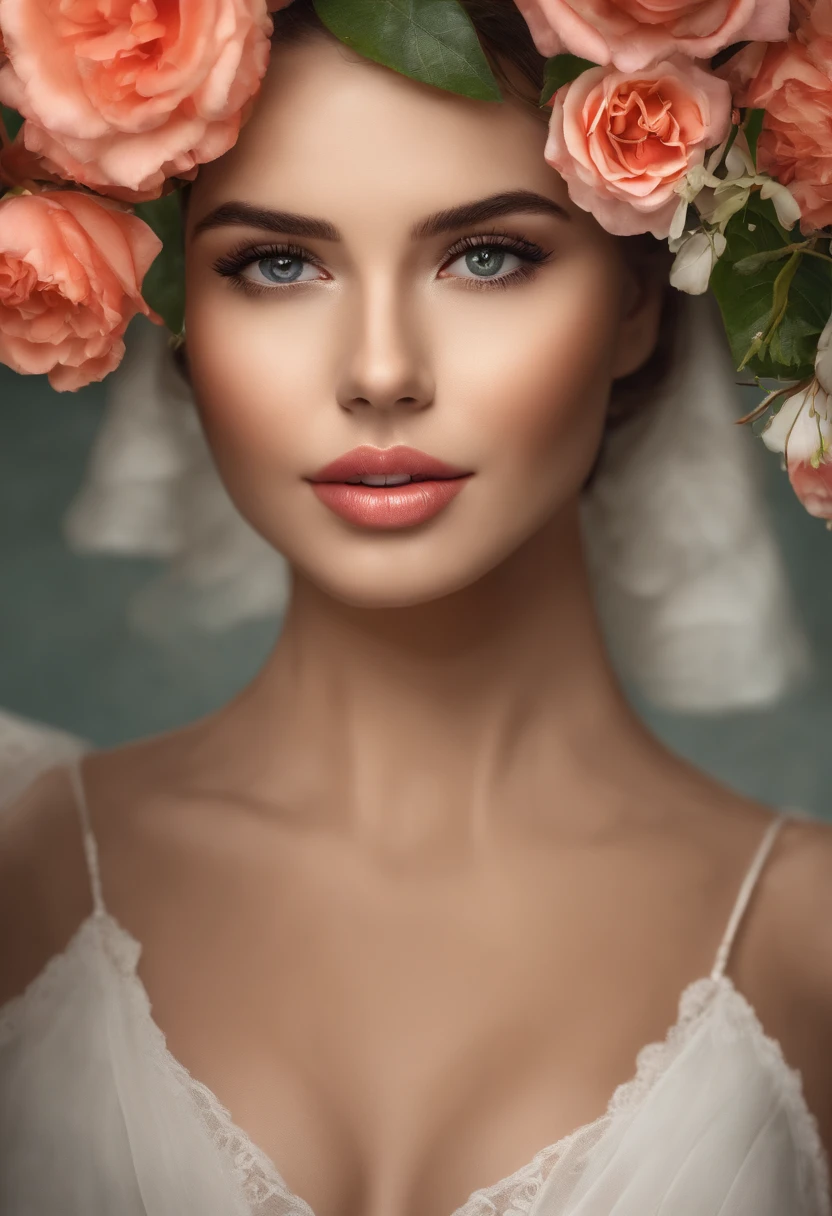 Obra maestra:1.2, La mejor calidad), realista, (imagen real, Dealtoes intrincados, Profundidad de campo), (1girl, solamente), inventar, labios separados, Altamente dealtoado, Cara perfecta, (skindentation), muslos gruesos, caderas anchas, small waist, alto, labios brillantes de coral,, (Una chica con un vestido de novia con flores en las manos )), sexy, ruboroso, Mikasa de AOT