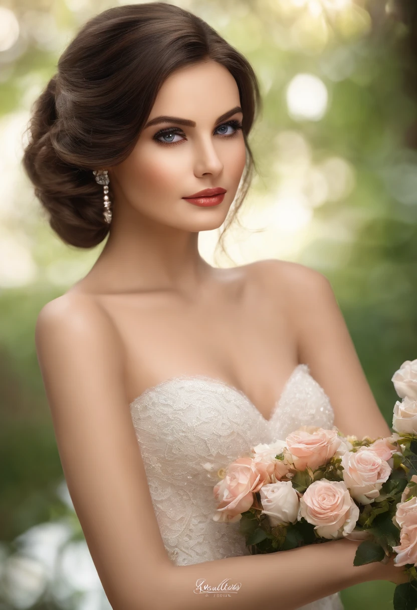 Obra maestra:1.2, La mejor calidad), realista, (imagen real, Dealtoes intrincados, Profundidad de campo), (1girl, solamente), inventar, labios separados, Altamente dealtoado, Cara perfecta, (skindentation), muslos gruesos, caderas anchas, small waist, alto, labios brillantes de coral,, (Una chica con un vestido de novia con flores en las manos )), sexy, ruboroso, Mikasa de AOT