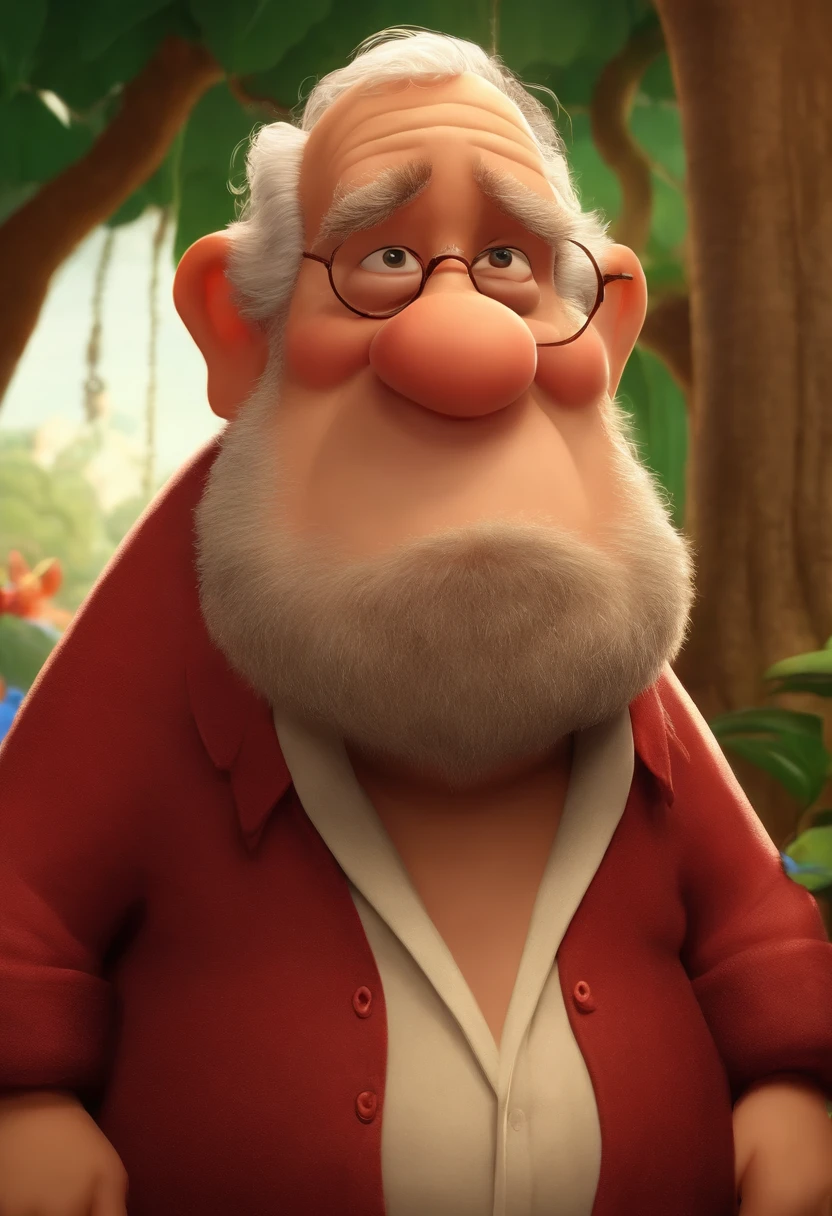 A fat old man looking like Lula Luiz Inácio da Silva, com alguns animais jumentos usando camisa vermelha, e sobre eles uma chuva de picanha tudo em estilo Disney pixar.