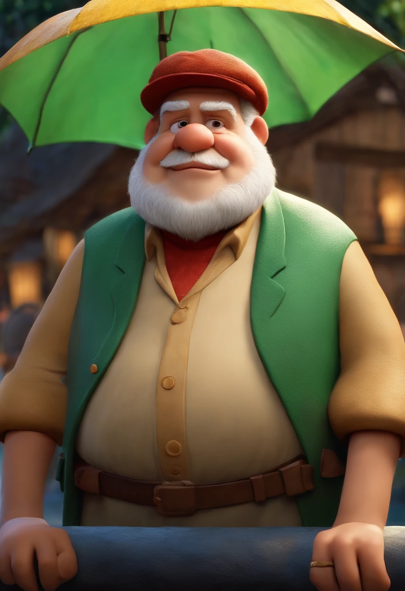 A fat old man looking like Lula Luiz Inácio da Silva, com alguns animais jumentos usando camisa vermelha, e sobre eles uma chuva de picanha tudo em estilo Disney pixar.