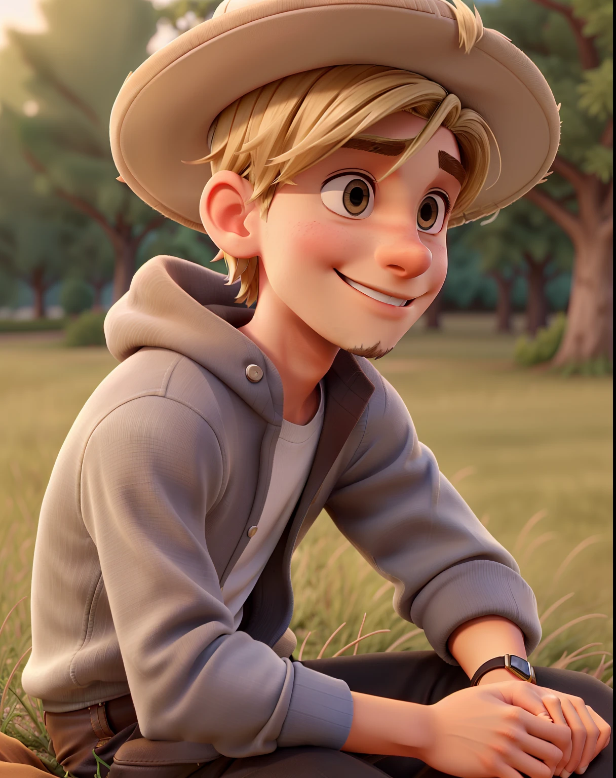young man sitting on a dry lawn, hat backwards, smiling, blond hair, brown eyes, looking to the side