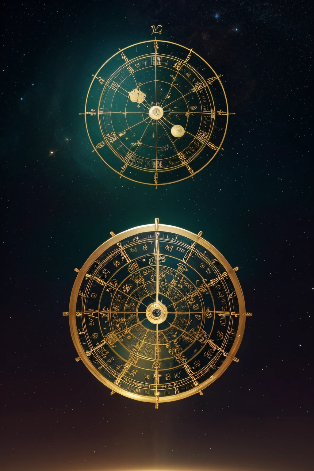 The clock of the zodiac, Inspired by Gong Xian's digital rendering, Trend of CGsociety, hurufiyya, unknown zodiac sign, astrology, scientific depiction, constellation, Numerology, lunar time, Astrolabe, infinite space clock background, Zodiac signs, geometry and astrology, Celestial regulators, libra symbol, Astral appearance,Greenish cast