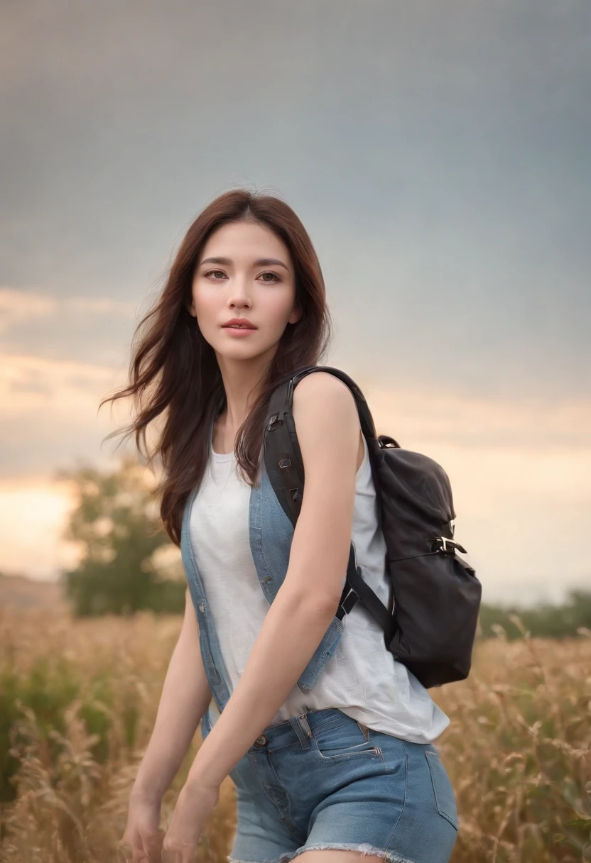 (Beautiful skyline,Magnificent sky),(Intense and dramatic imagery,the moving visual effects),(sun light,Colorful natural light),(1girll),(vests,denim short,Carrying a rucksack),(Dynamic pose:1.3,Black eyes,Long black hair,Sparkling maiden)[:0.8],(Big meadow),（Broad perspectives)，(Oncoming breeze),(Brown hair in harmony with background:1.2),(Remote,Long shot mashup)[::0.9]